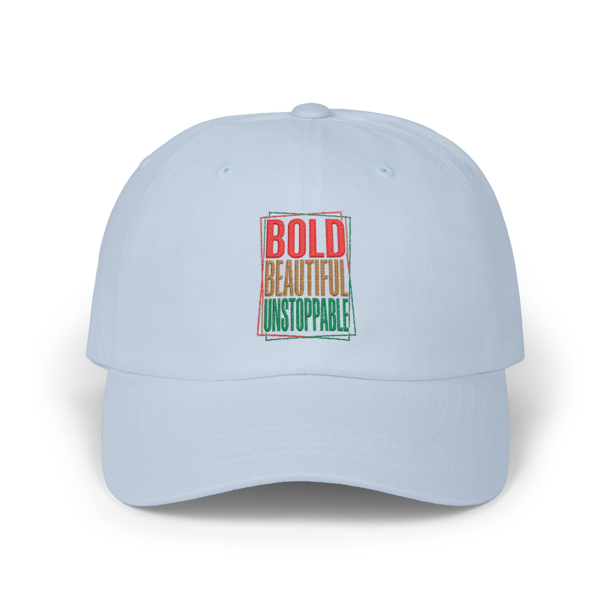 Dad Cap — "Bold, Beautiful, Unstoppable" Vintage Rasta Text Embroidered Hat