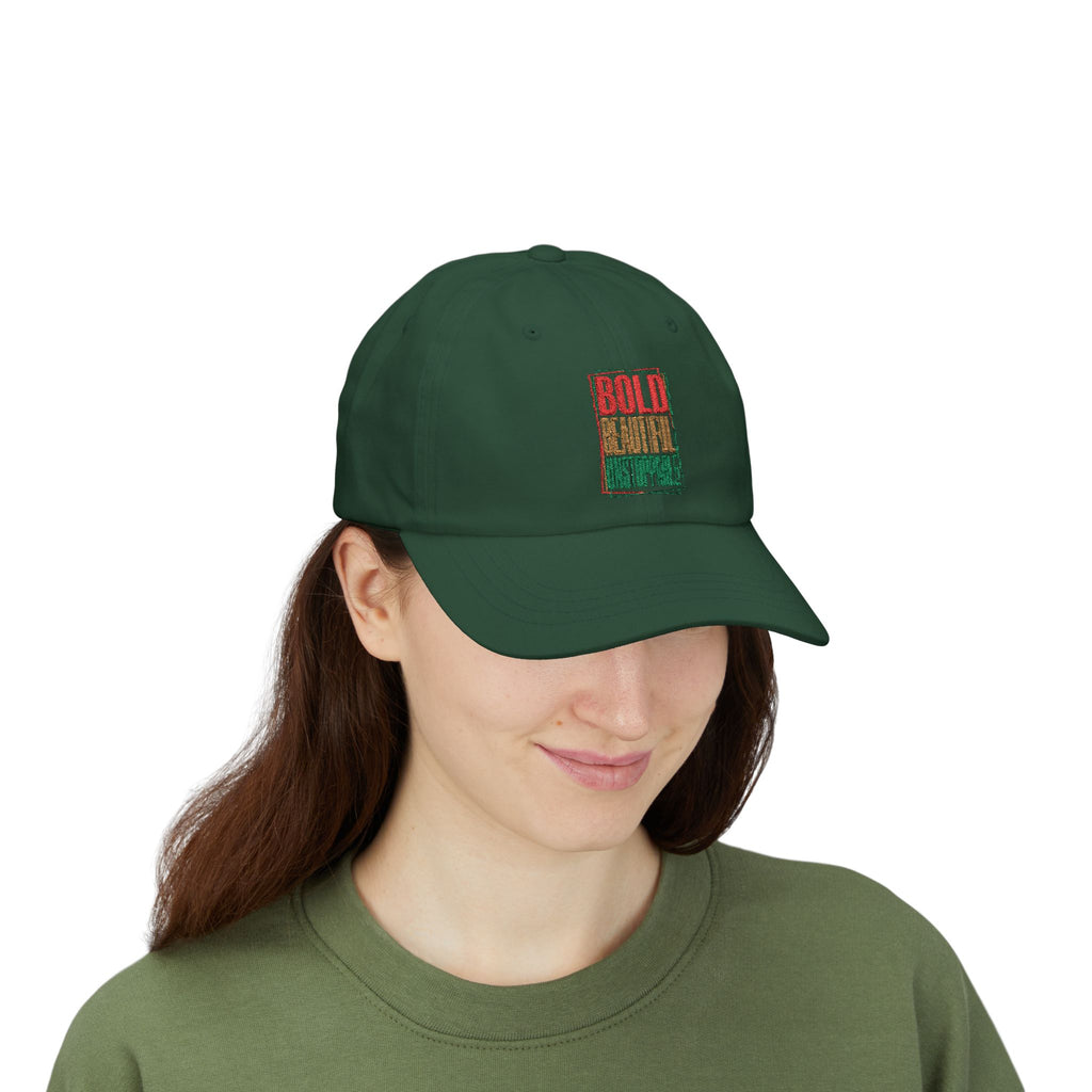 Dad Cap — "Bold, Beautiful, Unstoppable" Vintage Rasta Text Embroidered Hat