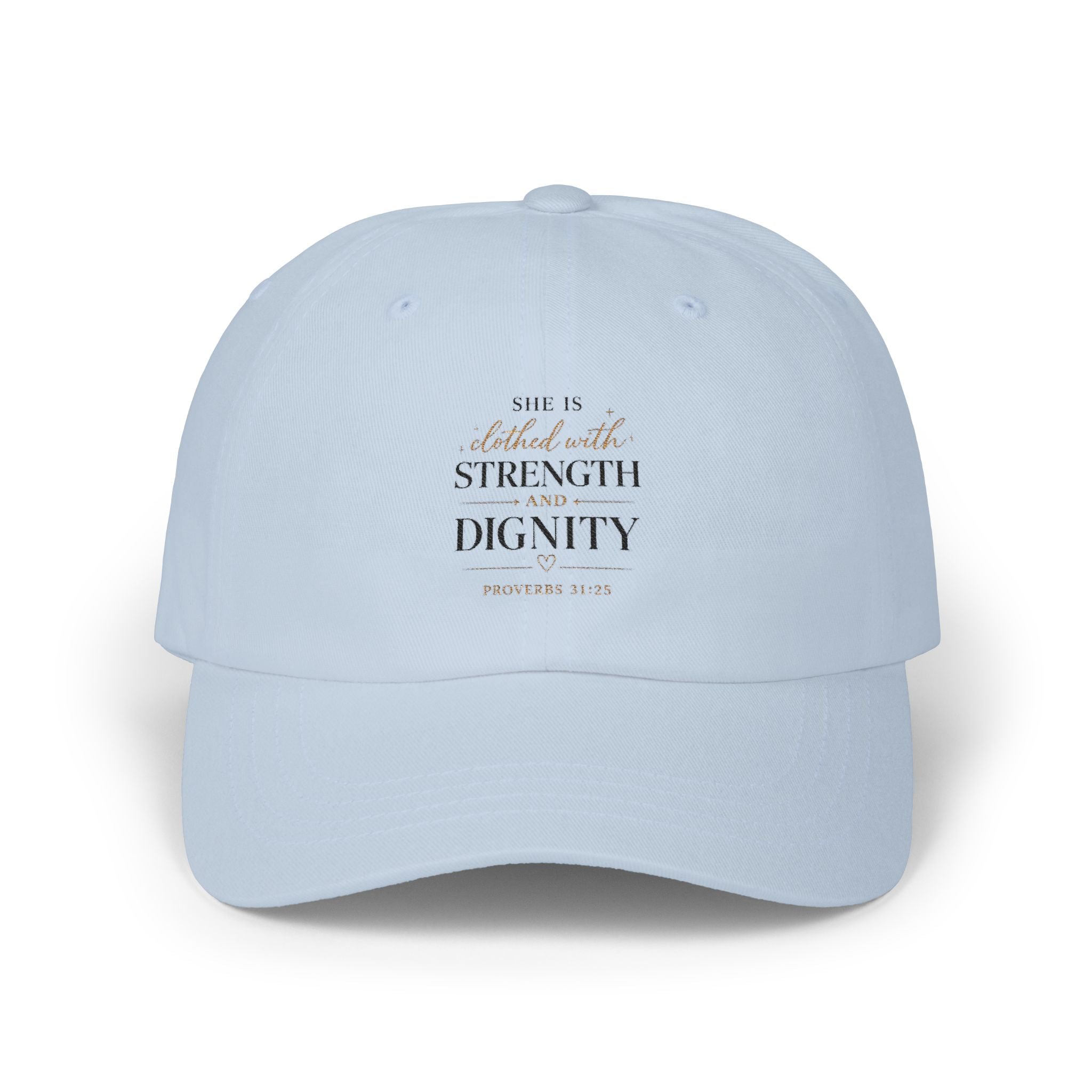 She Is Clothed in Strength and Dignity Dad Cap — Bible Verse Inspirational Hat