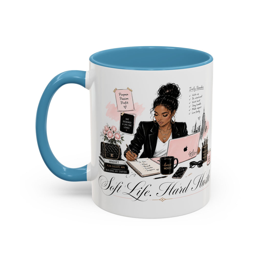 Soft Life, Hard Hustle Accent Coffee Mug – Pink & Black Motivational Office Gift