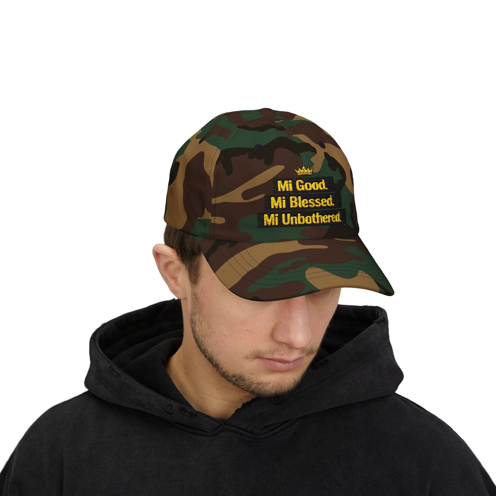 Dad Cap — "Mi Good. Mi Blessed. Mi Unbothered." Embroidered Crown Hat