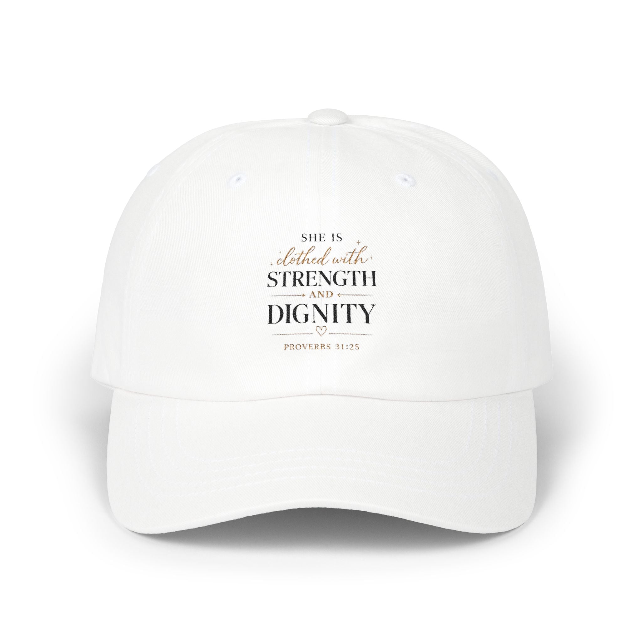 She Is Clothed in Strength and Dignity Dad Cap — Bible Verse Inspirational Hat