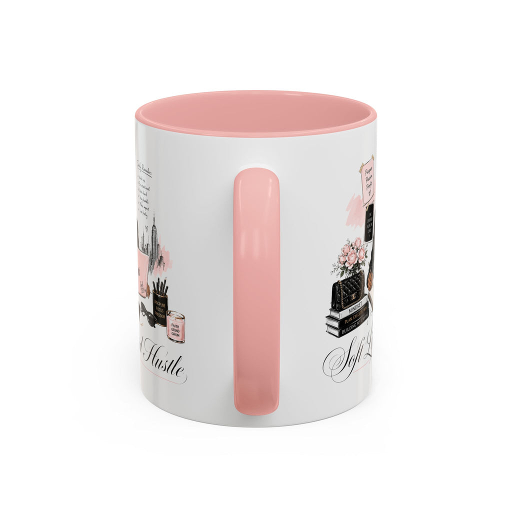 Soft Life, Hard Hustle Accent Coffee Mug – Pink & Black Motivational Office Gift