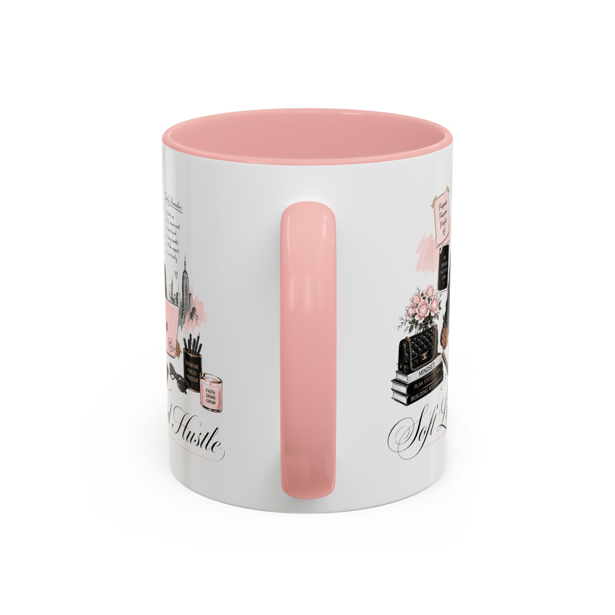 Soft Life, Hard Hustle Accent Coffee Mug – Pink & Black Motivational Office Gift
