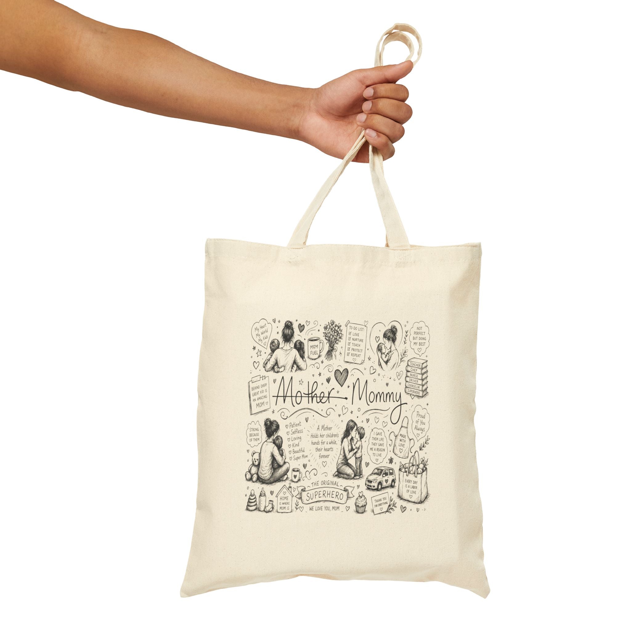 Mother-Mommy Illustrated Canvas Tote Bag — Cute Hand-Drawn Mom & Baby Design