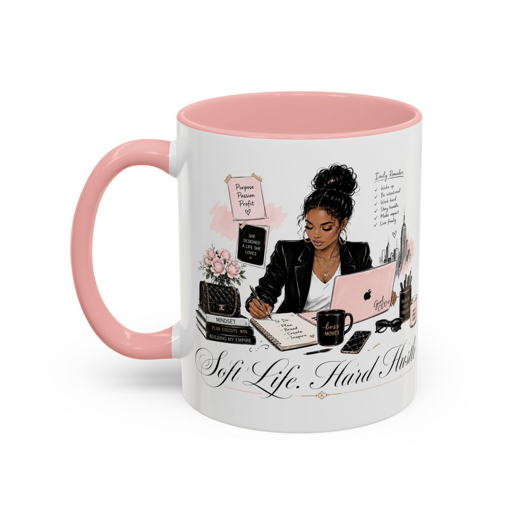 Soft Life, Hard Hustle Accent Coffee Mug – Pink & Black Motivational Office Gift