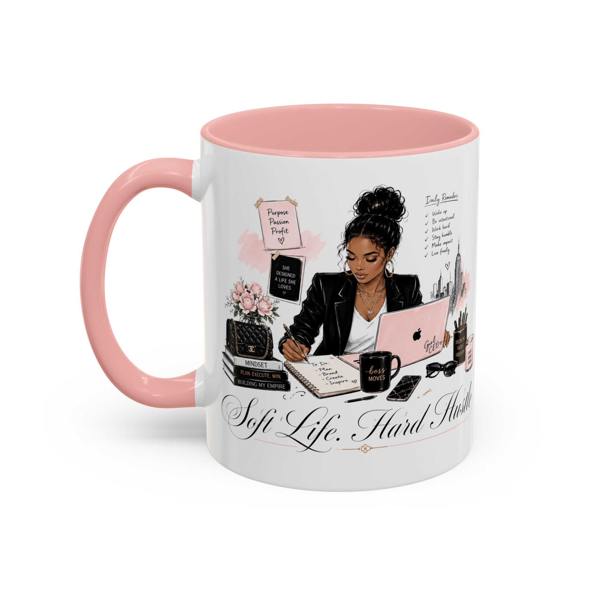 Soft Life, Hard Hustle Accent Coffee Mug – Pink & Black Motivational Office Gift
