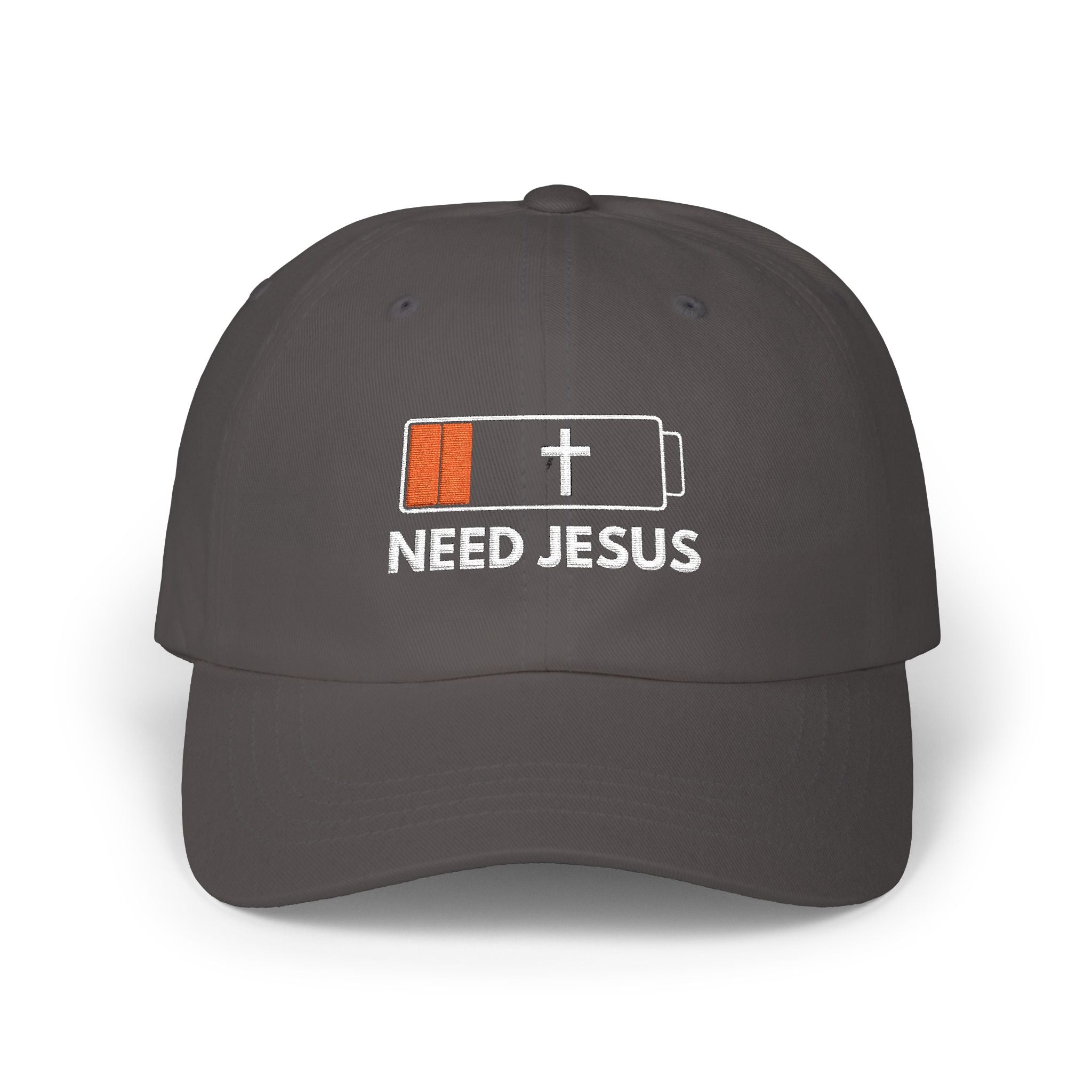 Dad Cap — Low Battery Cross 'Need Jesus' Embroidered Christian Hat