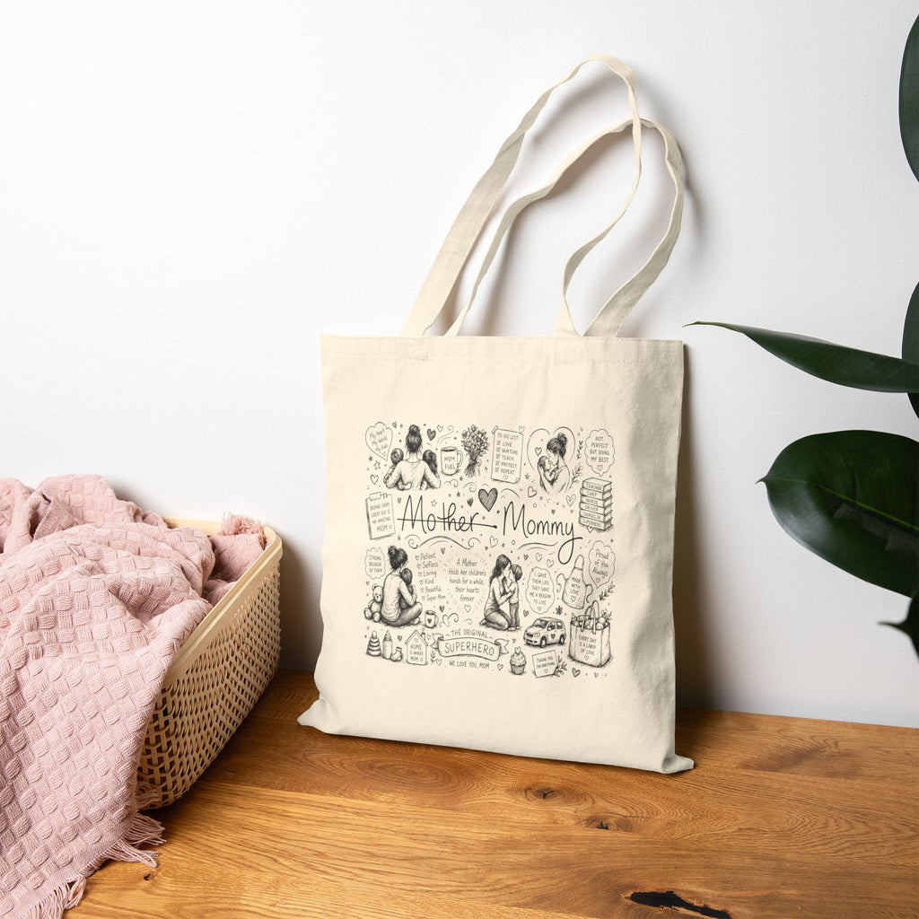 Mother-Mommy Illustrated Canvas Tote Bag — Cute Hand-Drawn Mom & Baby Design