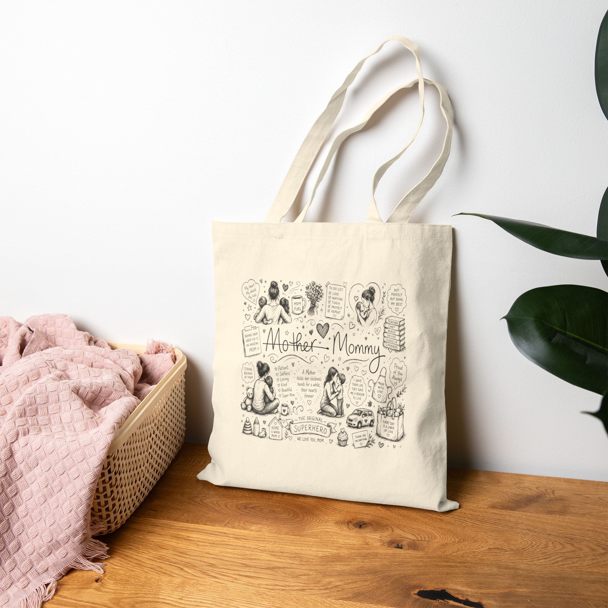 Mother-Mommy Illustrated Canvas Tote Bag — Cute Hand-Drawn Mom & Baby Design
