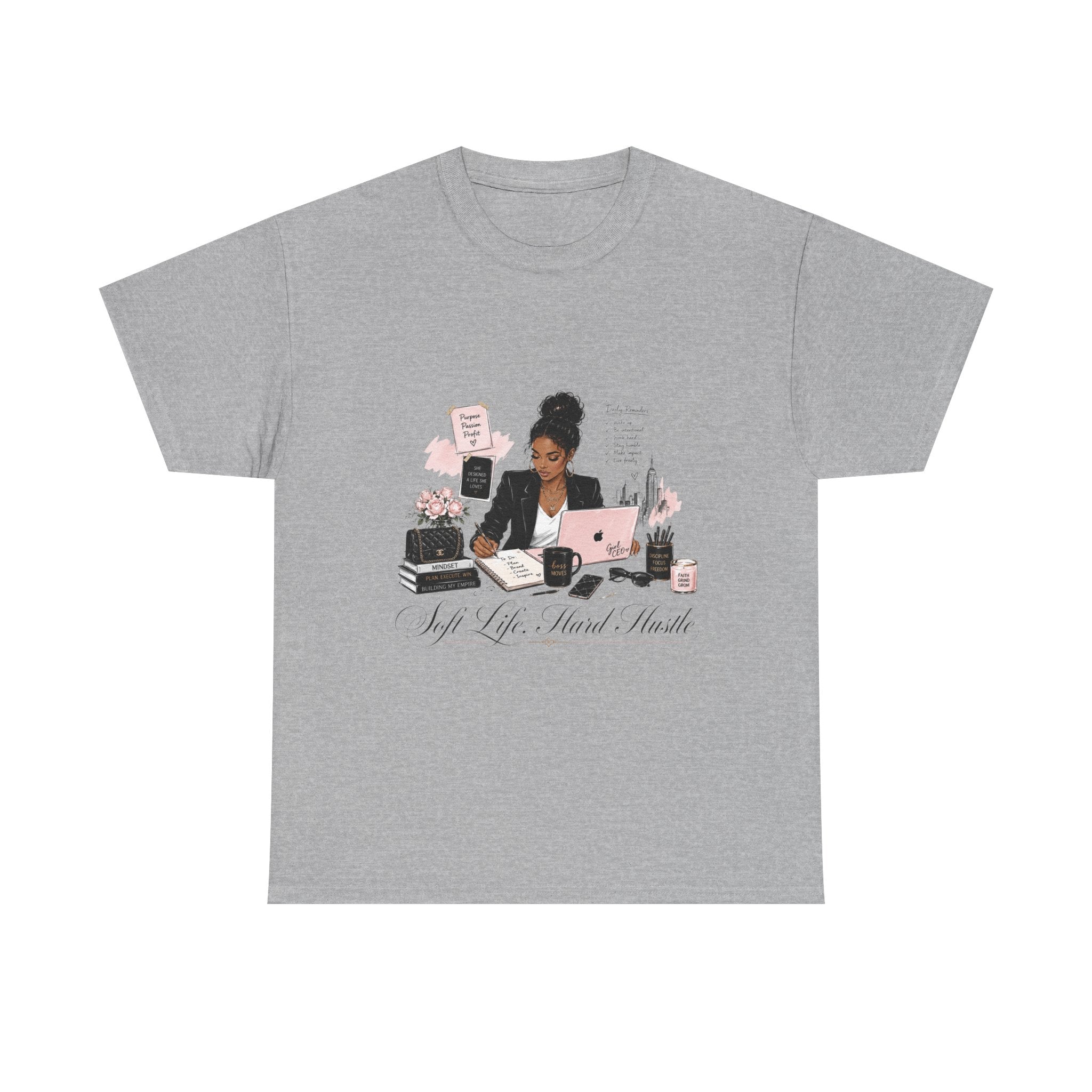 T-Shirt — Girl Boss Desk Art Tee (Soft Pink "Life. Less. Hustle" Design)
