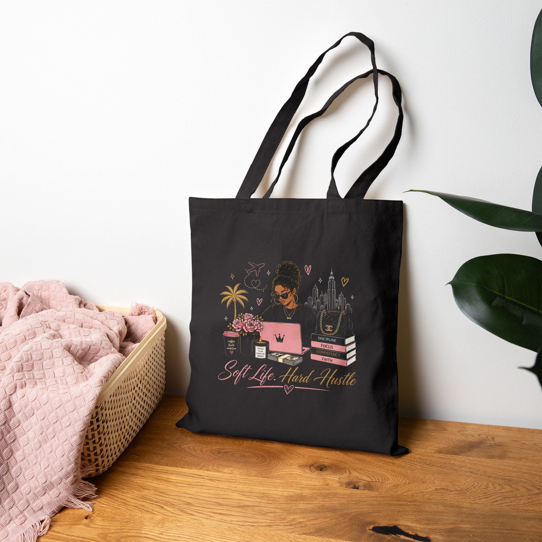 Tote Bag — "Soft Life, Hard Hustle" Black Canvas Tote for Women (Work, Study & Everyday)