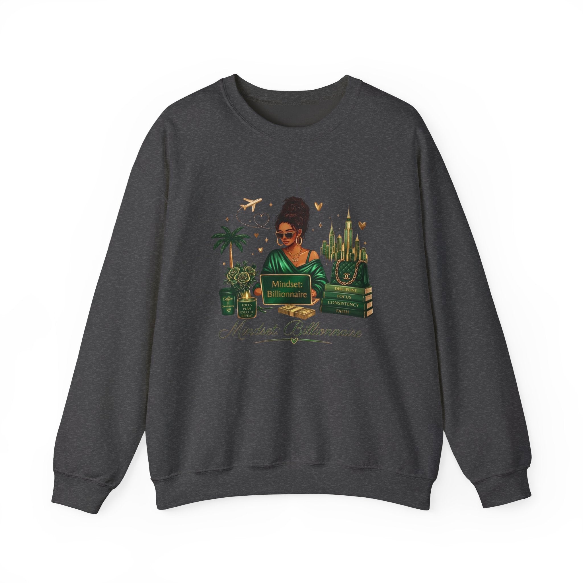 Crewneck Sweatshirt — Mindset Billionaire Graphic (Women Empowerment, Green Luxe)