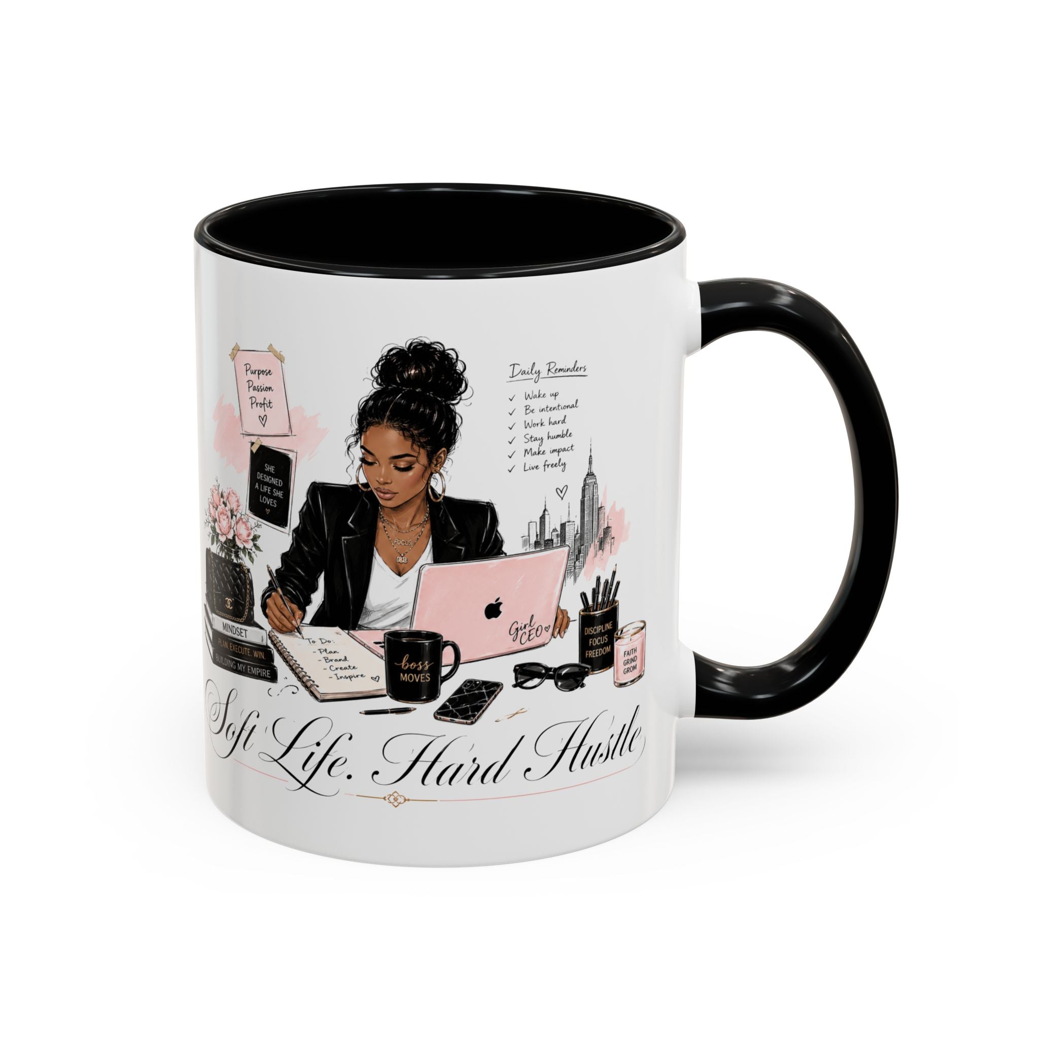 Soft Life, Hard Hustle Accent Coffee Mug – Pink & Black Motivational Office Gift