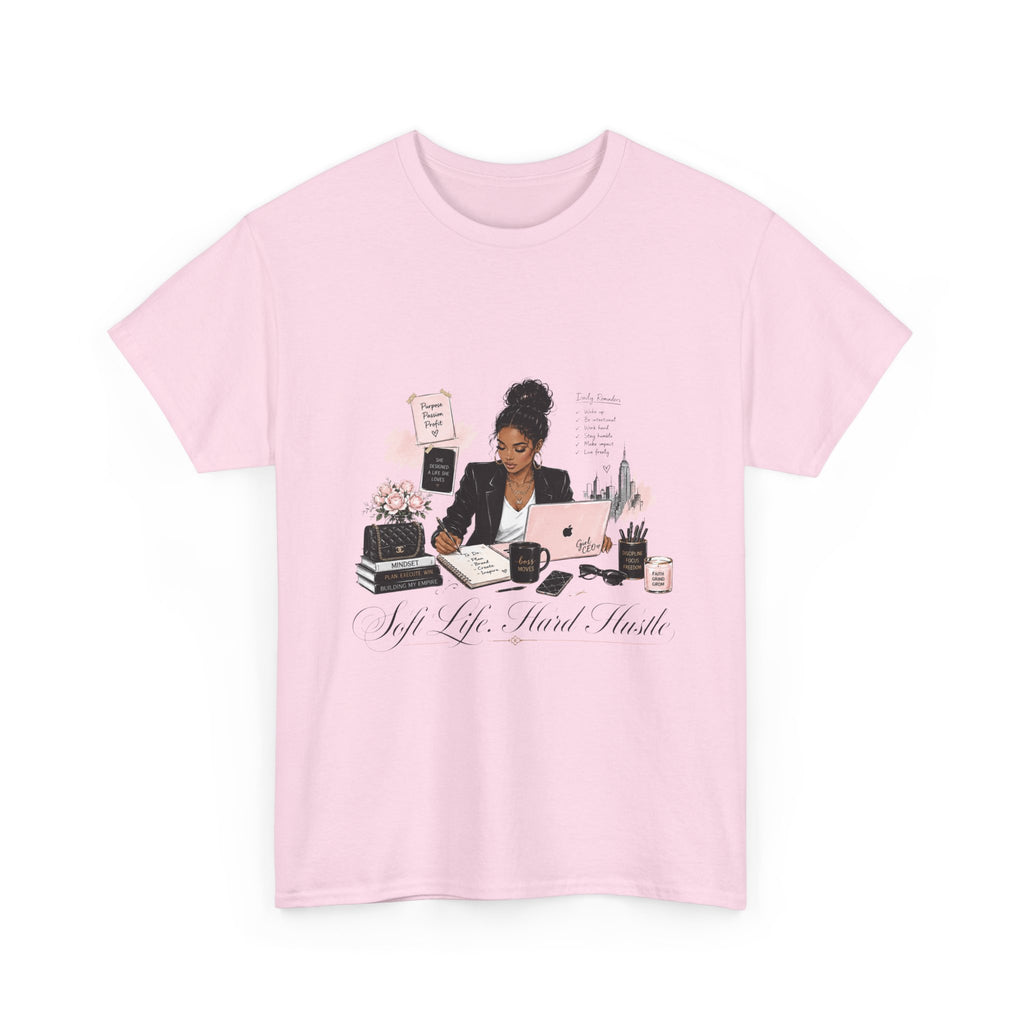 T-Shirt — Girl Boss Desk Art Tee (Soft Pink "Life. Less. Hustle" Design)