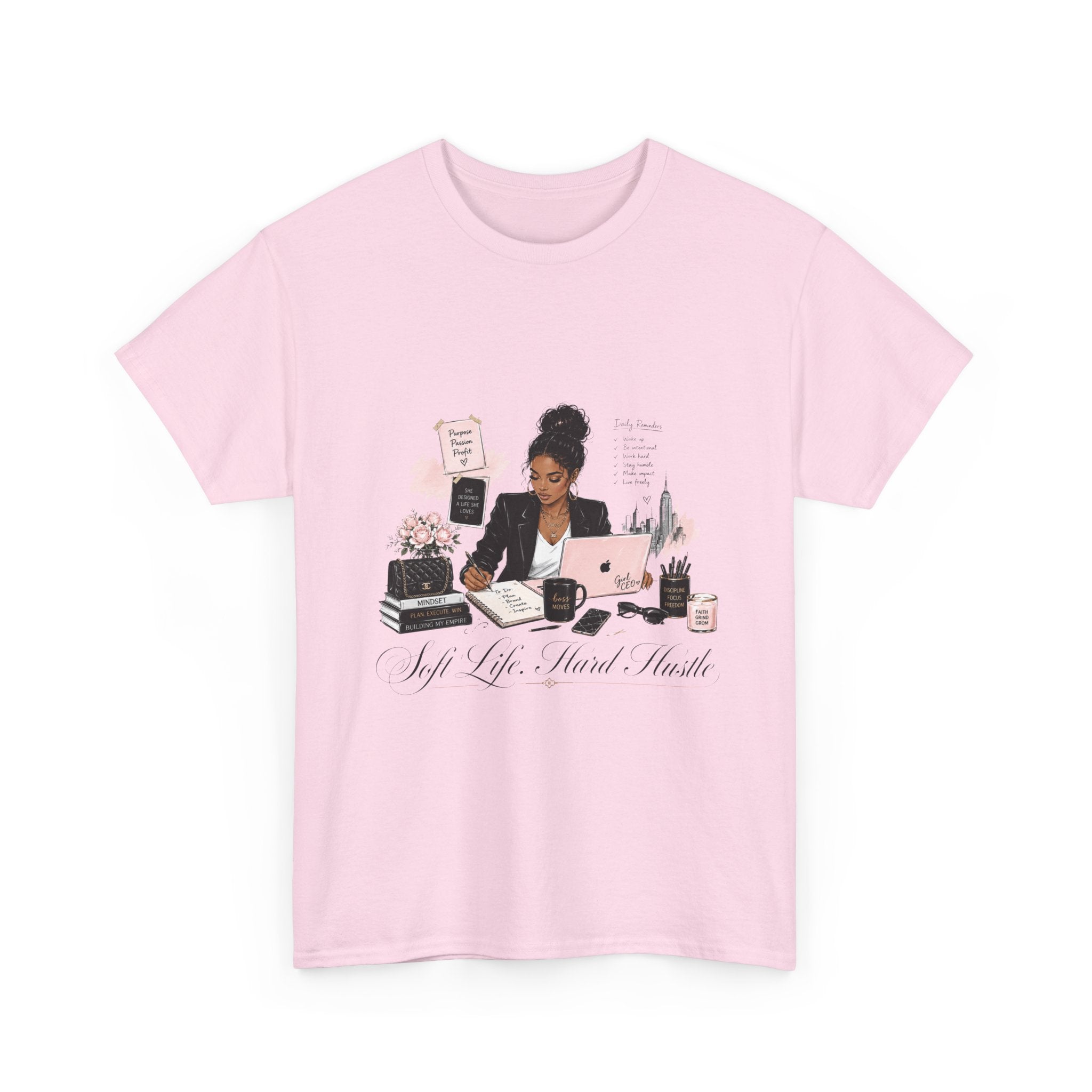 T-Shirt — Girl Boss Desk Art Tee (Soft Pink "Life. Less. Hustle" Design)