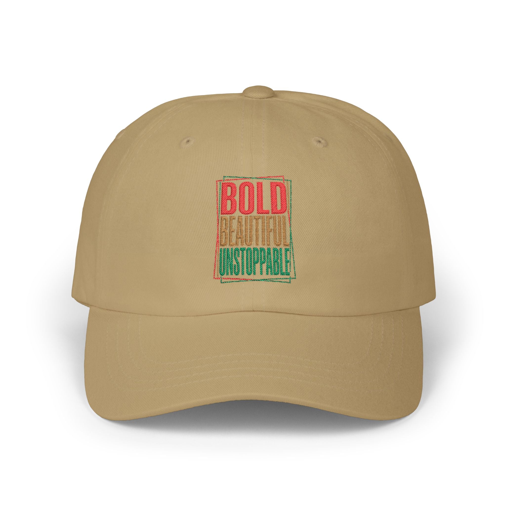 Dad Cap — "Bold, Beautiful, Unstoppable" Vintage Rasta Text Embroidered Hat