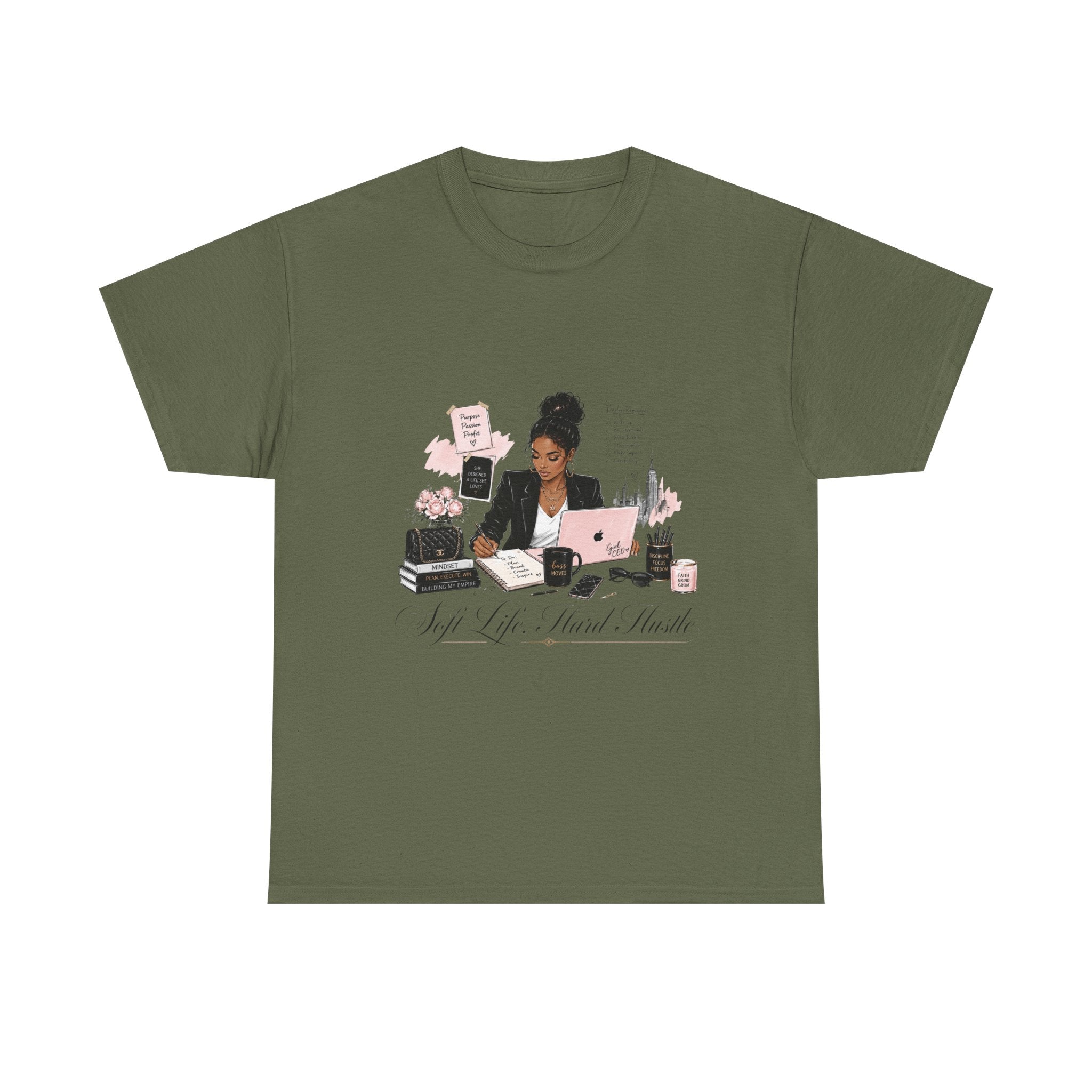 T-Shirt — Girl Boss Desk Art Tee (Soft Pink "Life. Less. Hustle" Design)