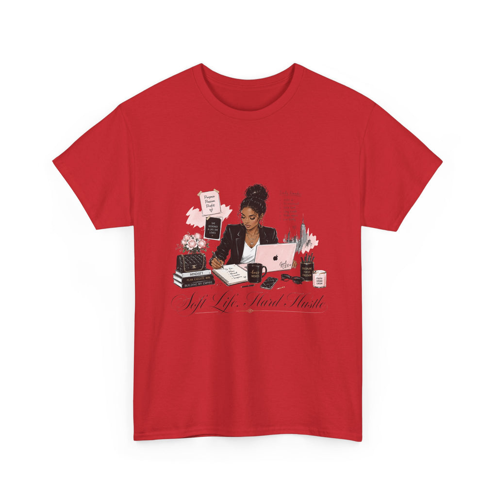 T-Shirt — Girl Boss Desk Art Tee (Soft Pink "Life. Less. Hustle" Design)