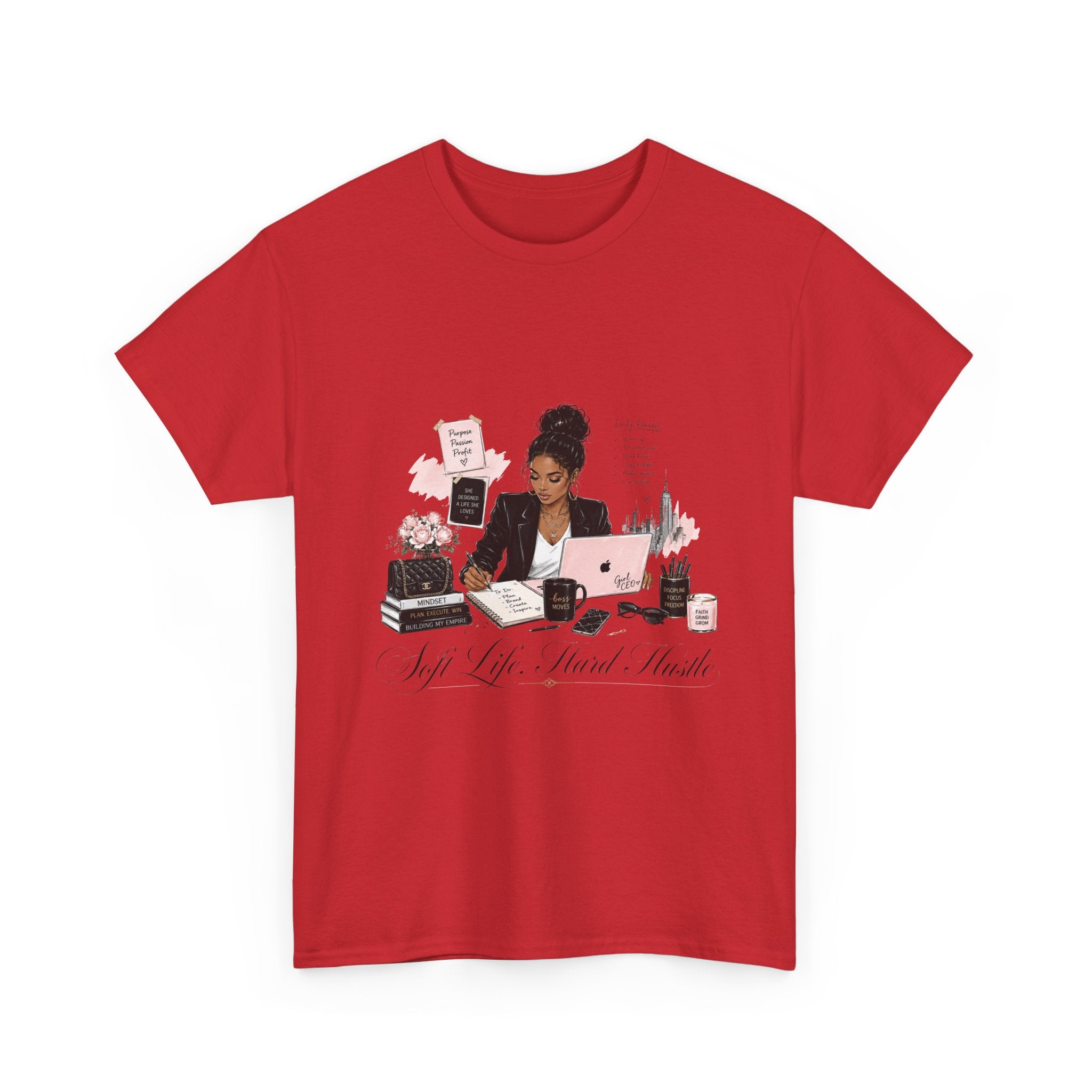 T-Shirt — Girl Boss Desk Art Tee (Soft Pink "Life. Less. Hustle" Design)