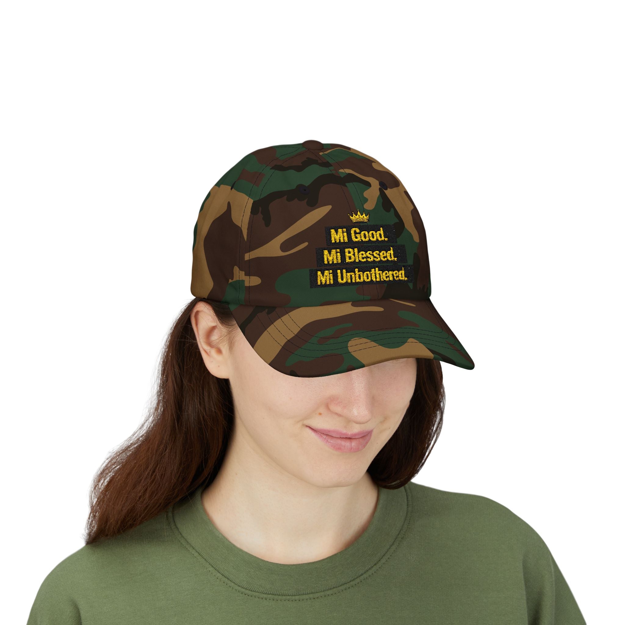 Dad Cap — "Mi Good. Mi Blessed. Mi Unbothered." Embroidered Crown Hat