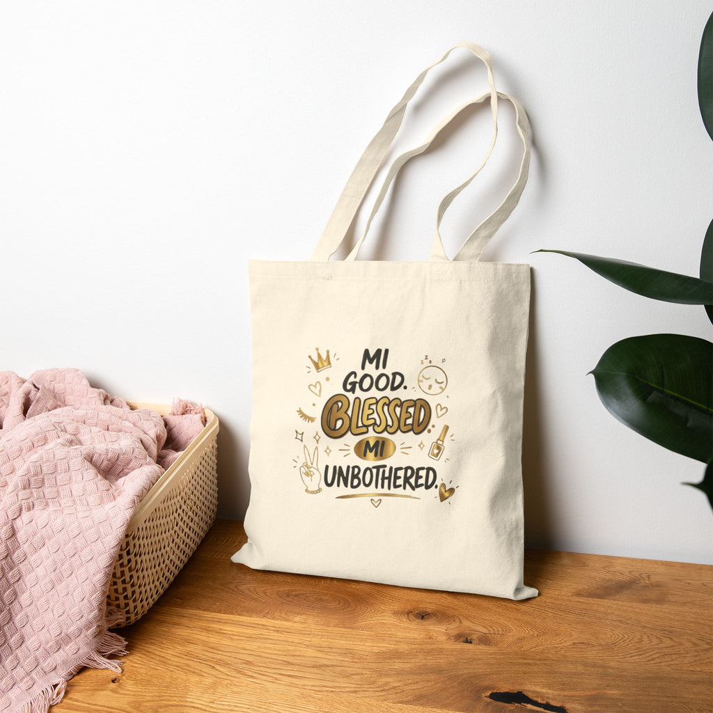 Blessed & Unbothered Canvas Tote — "Mi Good, Blessed, Mi Unbothered" Reusable Bag