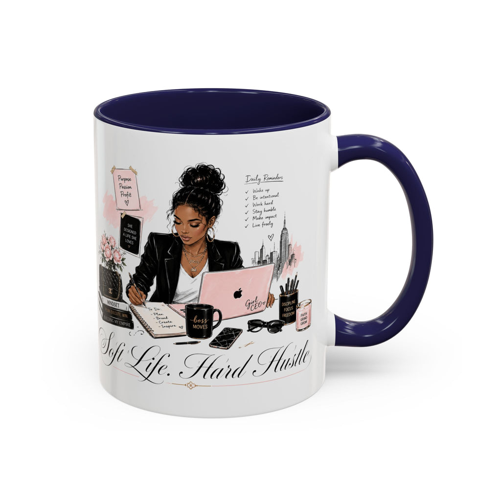 Soft Life, Hard Hustle Accent Coffee Mug – Pink & Black Motivational Office Gift