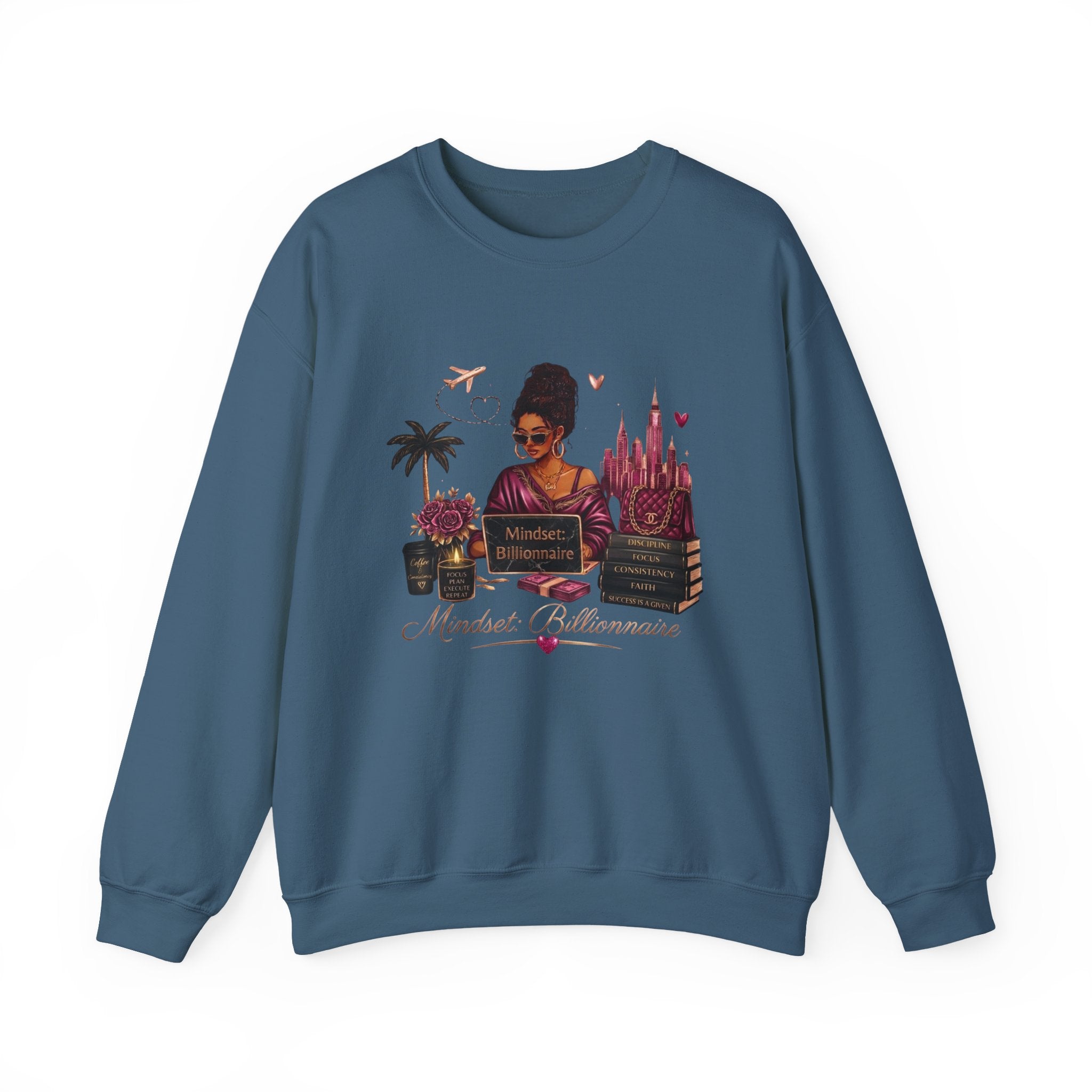 Crewneck Sweatshirt — Mindset Millionaire Graphic (Woman, Books & Travel)