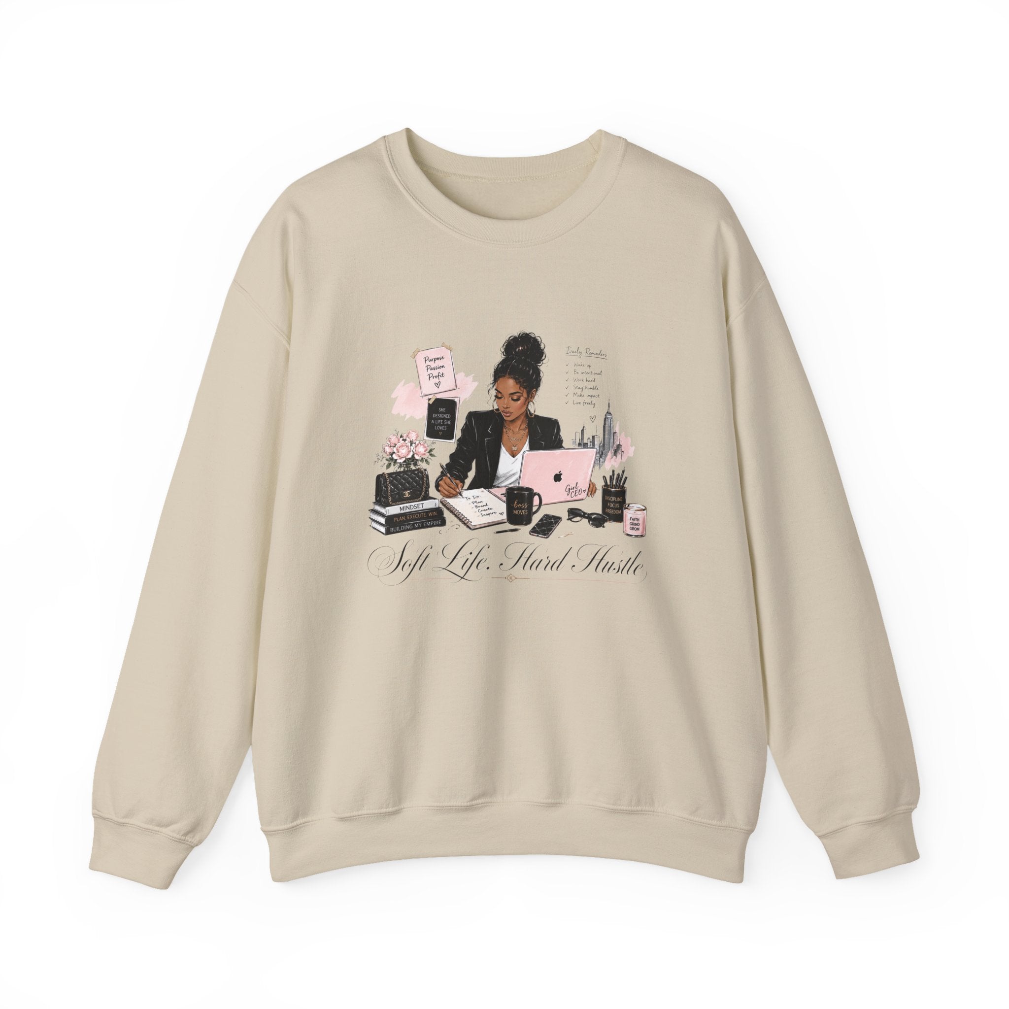Crewneck Sweatshirt — Girl Boss Desk Illustration (“My Life, Mental Health”)