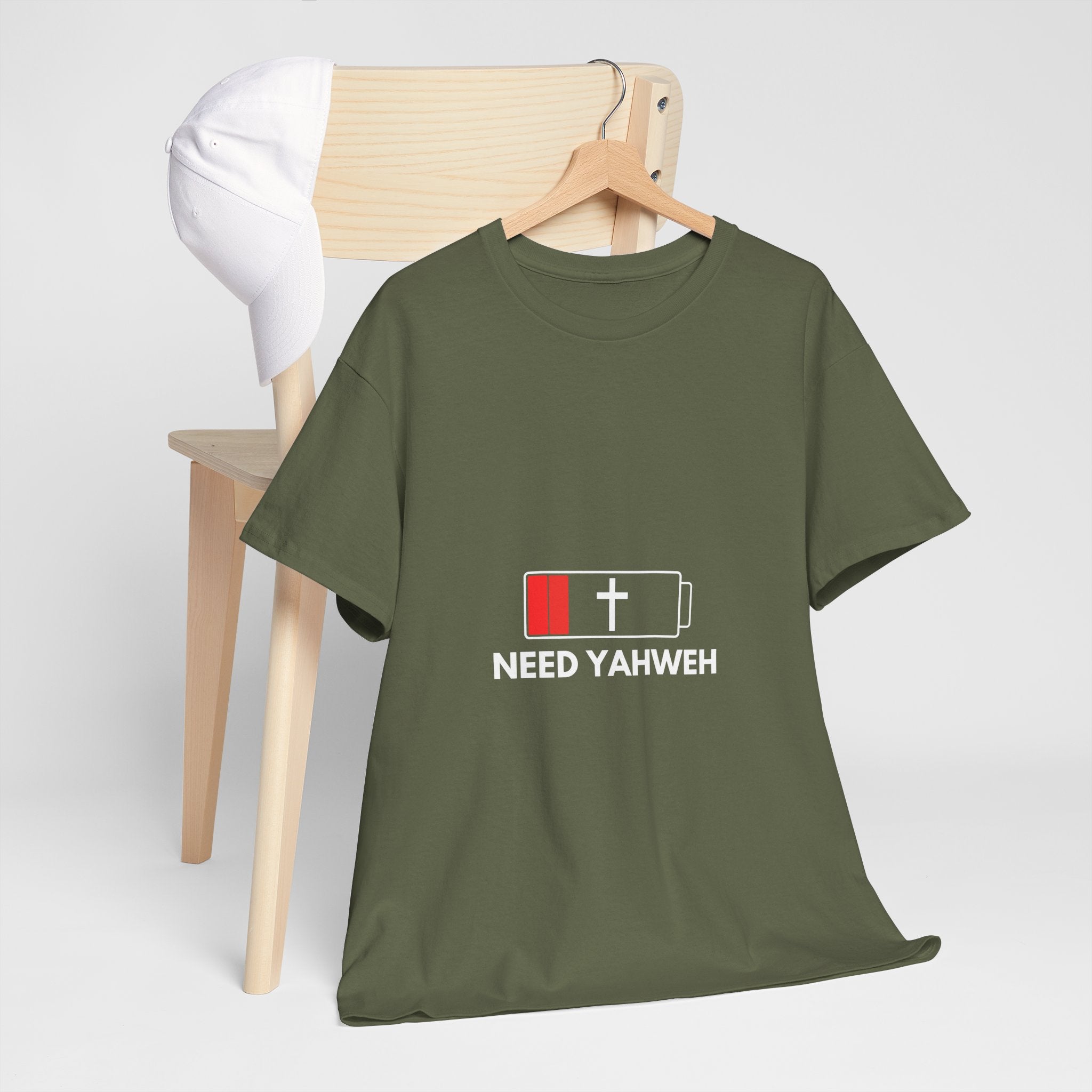 Christian T-Shirt - Low Battery Cross Design "Need Yahweh" Faith Tee