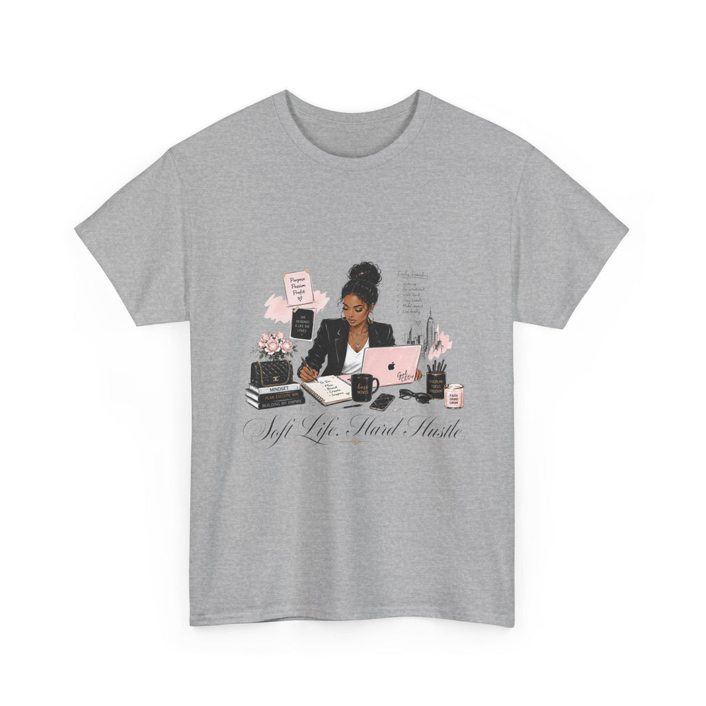 T-Shirt — Girl Boss Desk Art Tee (Soft Pink "Life. Less. Hustle" Design)