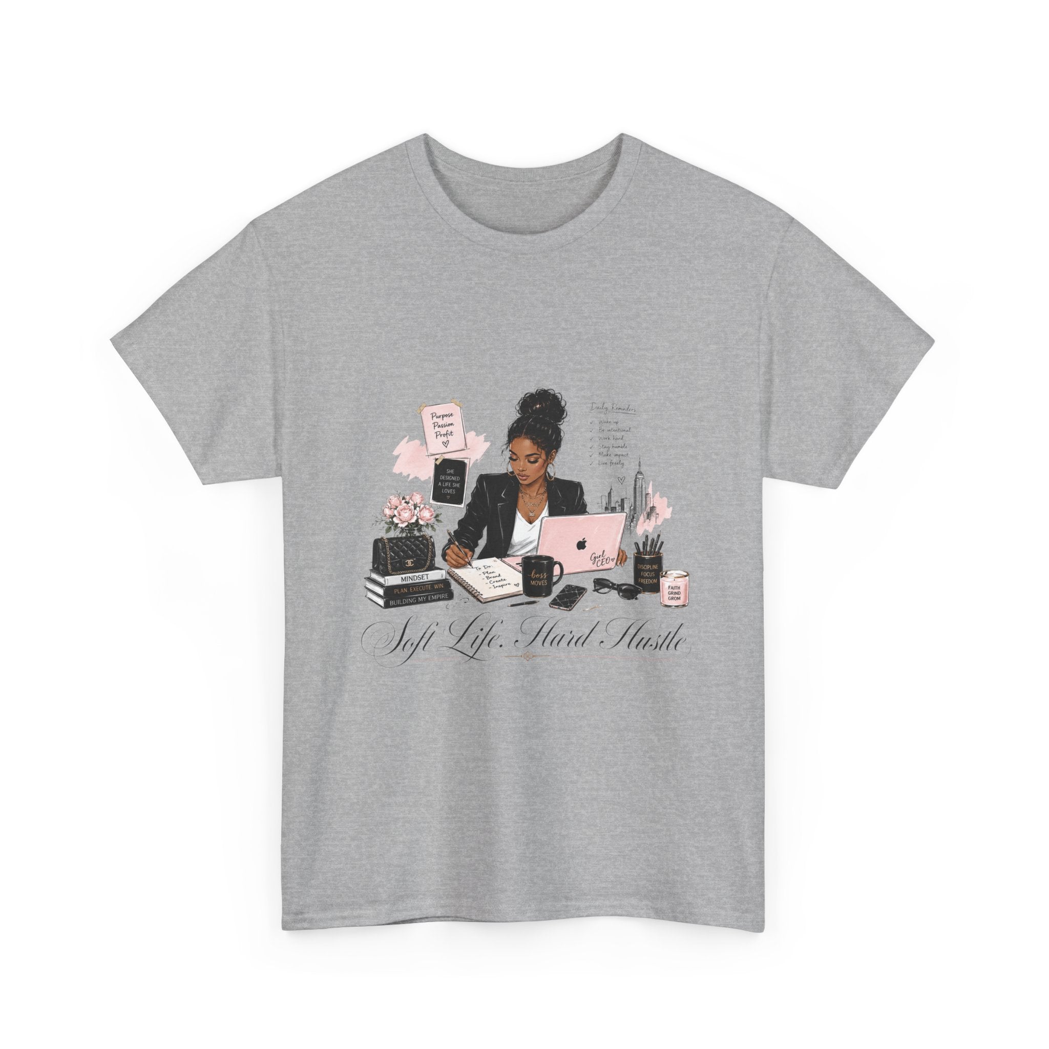 T-Shirt — Girl Boss Desk Art Tee (Soft Pink "Life. Less. Hustle" Design)