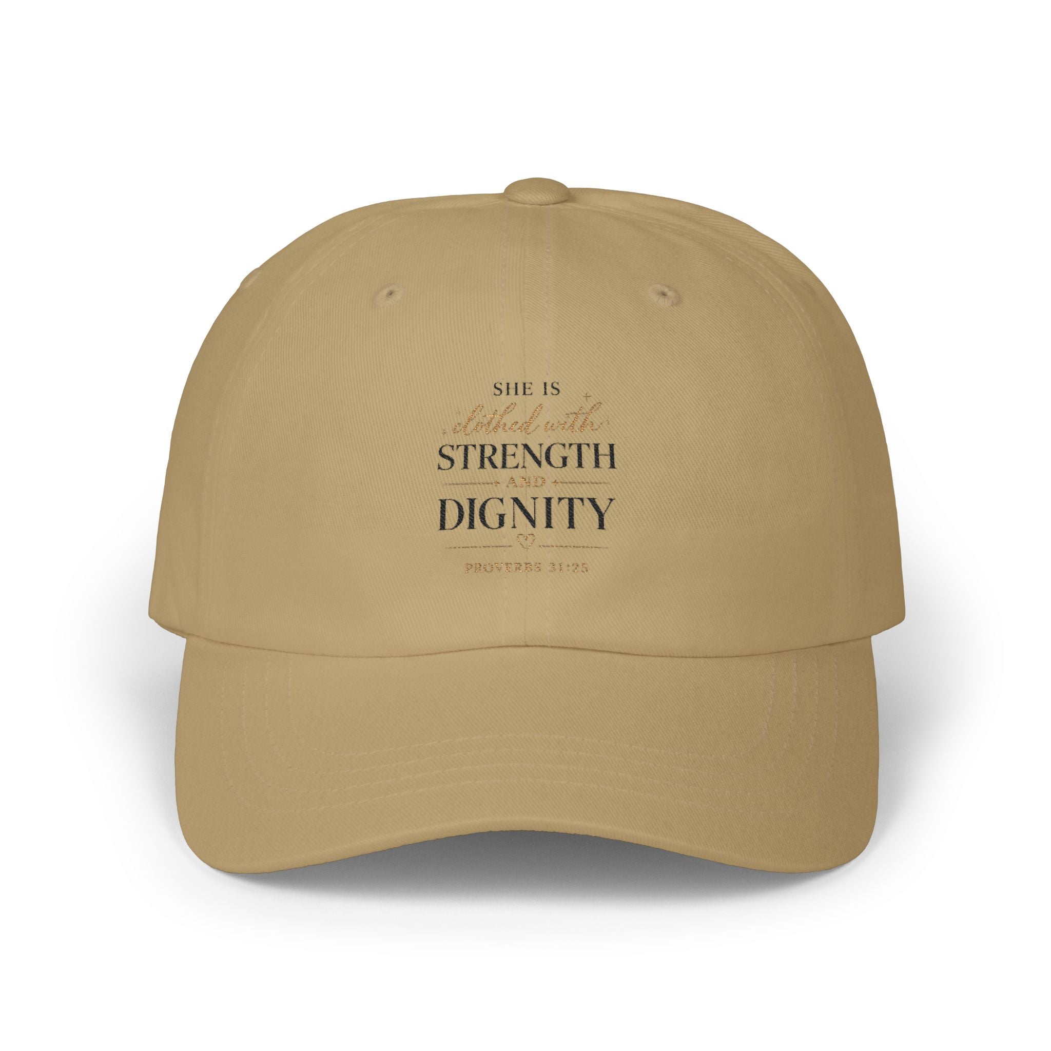 She Is Clothed in Strength and Dignity Dad Cap — Bible Verse Inspirational Hat