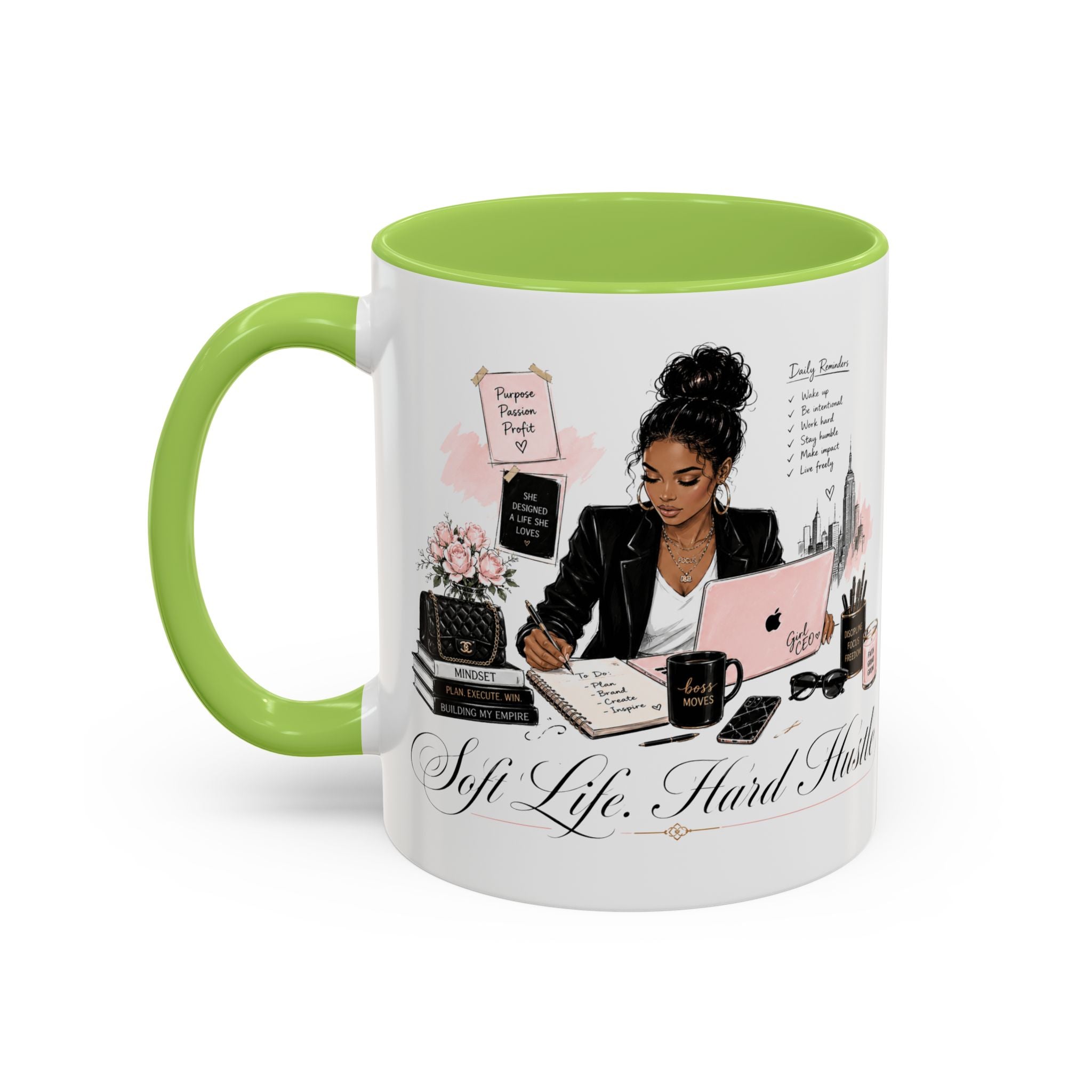 Soft Life, Hard Hustle Accent Coffee Mug – Pink & Black Motivational Office Gift