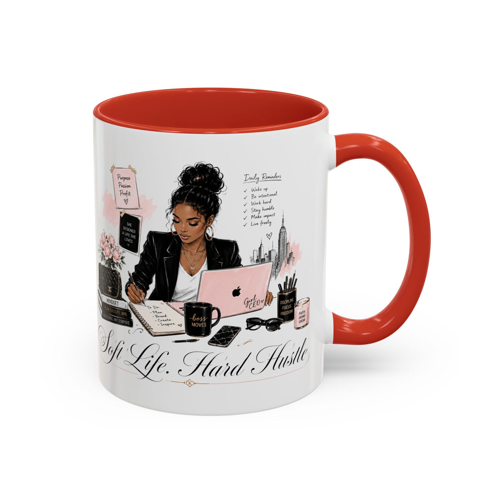 Soft Life, Hard Hustle Accent Coffee Mug – Pink & Black Motivational Office Gift