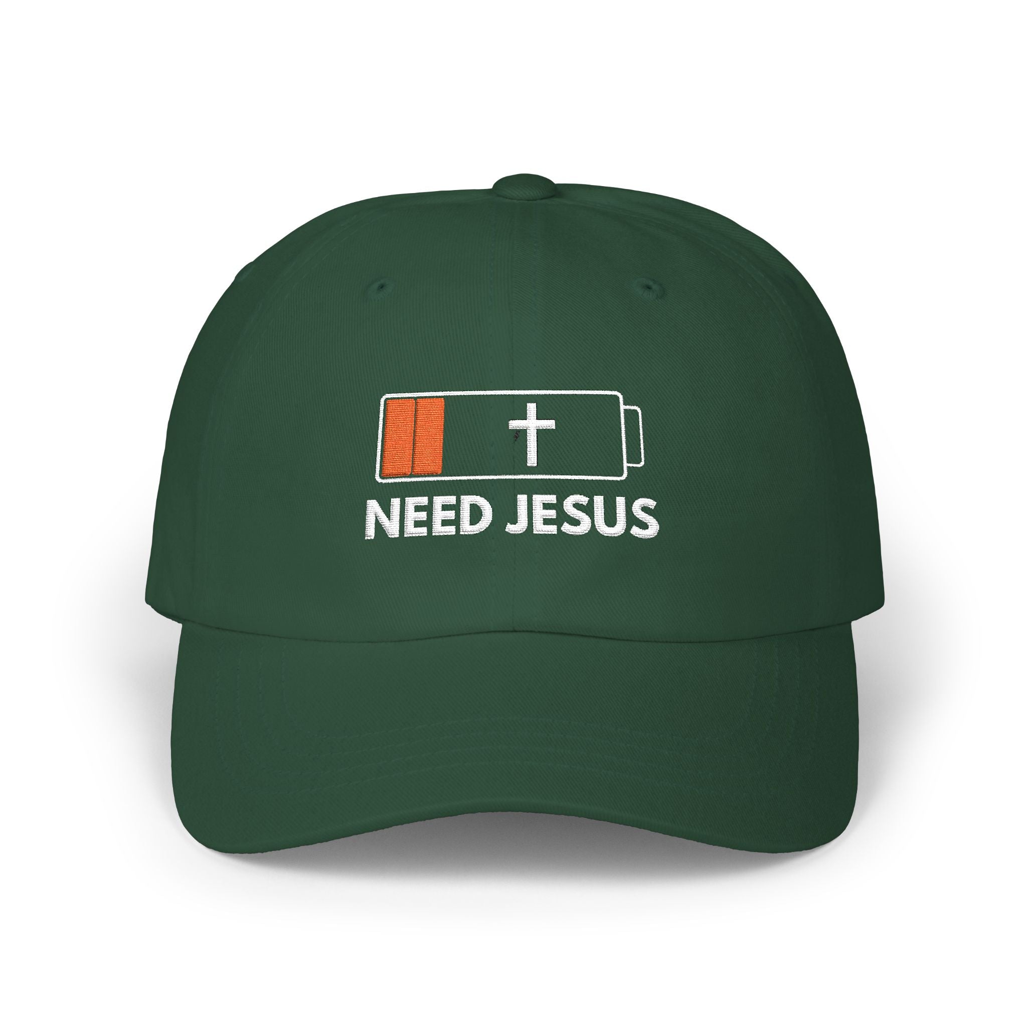 Dad Cap — Low Battery Cross 'Need Jesus' Embroidered Christian Hat