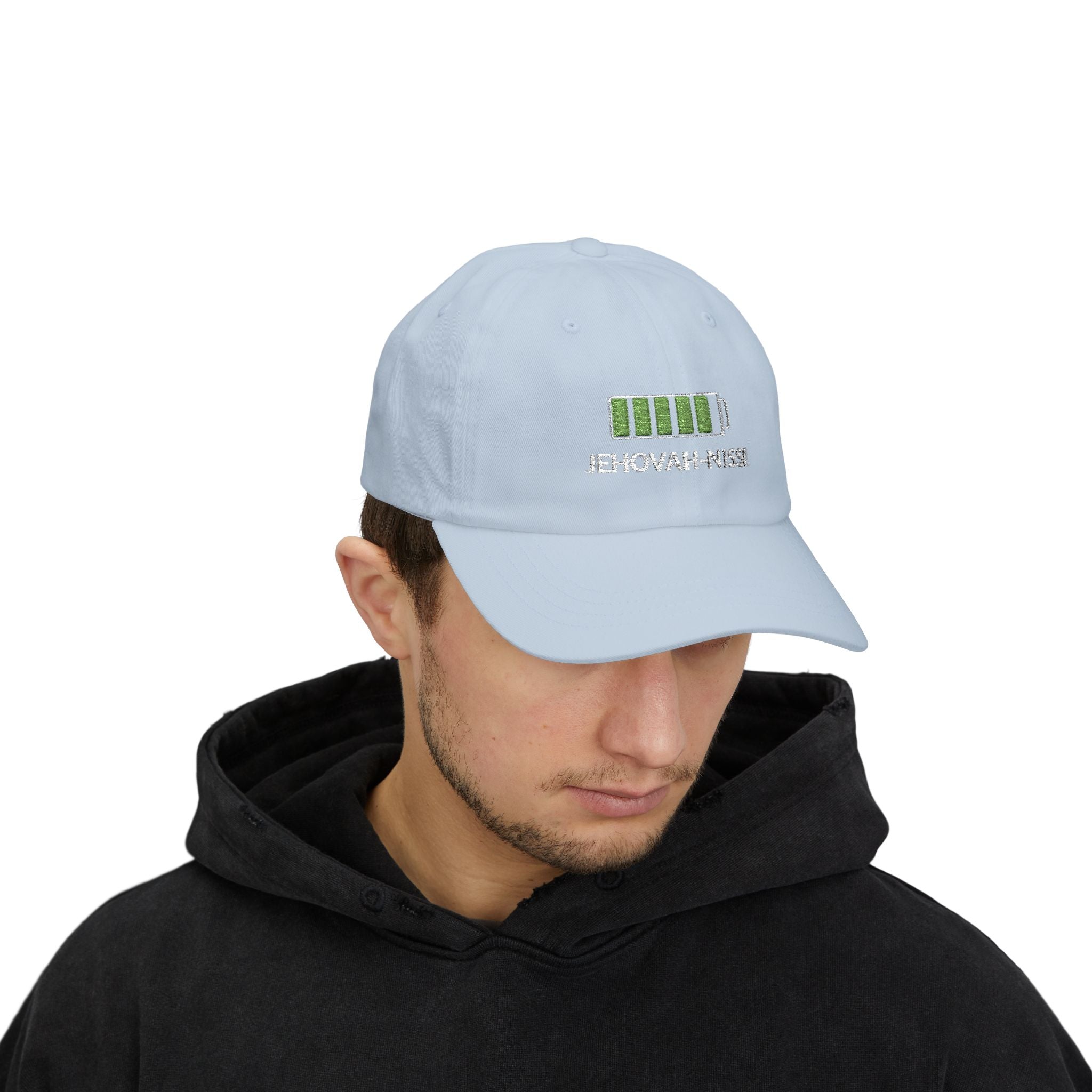 Dad Cap — "Low Battery" Green Charge Embroidered Hat