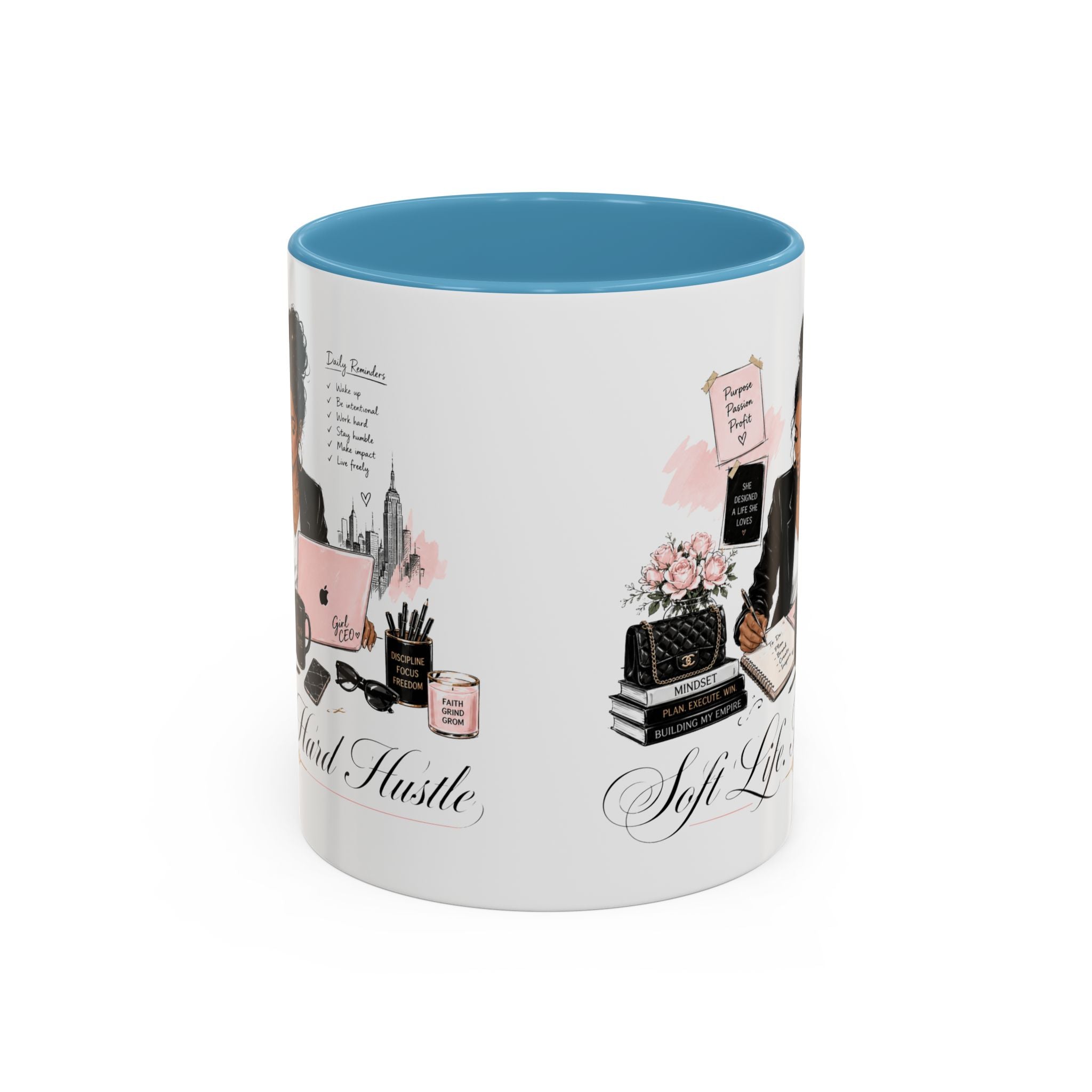Soft Life, Hard Hustle Accent Coffee Mug – Pink & Black Motivational Office Gift