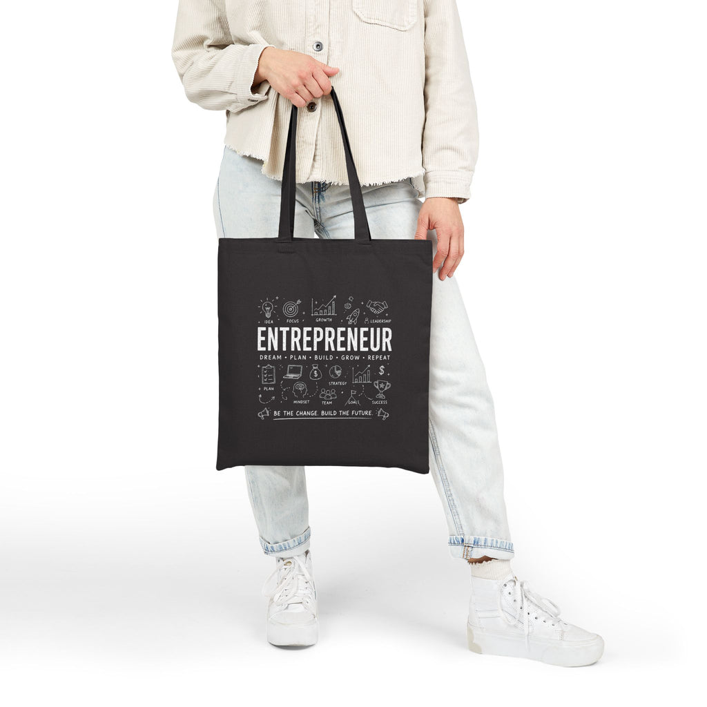 Entrepreneur Canvas Tote Bag — Motivational Business Icons "Dream Plan Build Grow Repeat"