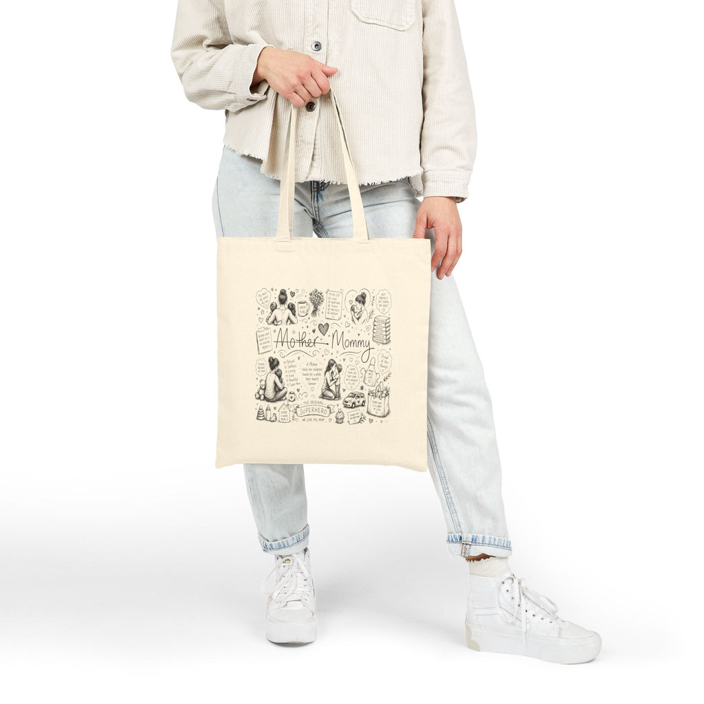Mother-Mommy Illustrated Canvas Tote Bag — Cute Hand-Drawn Mom & Baby Design