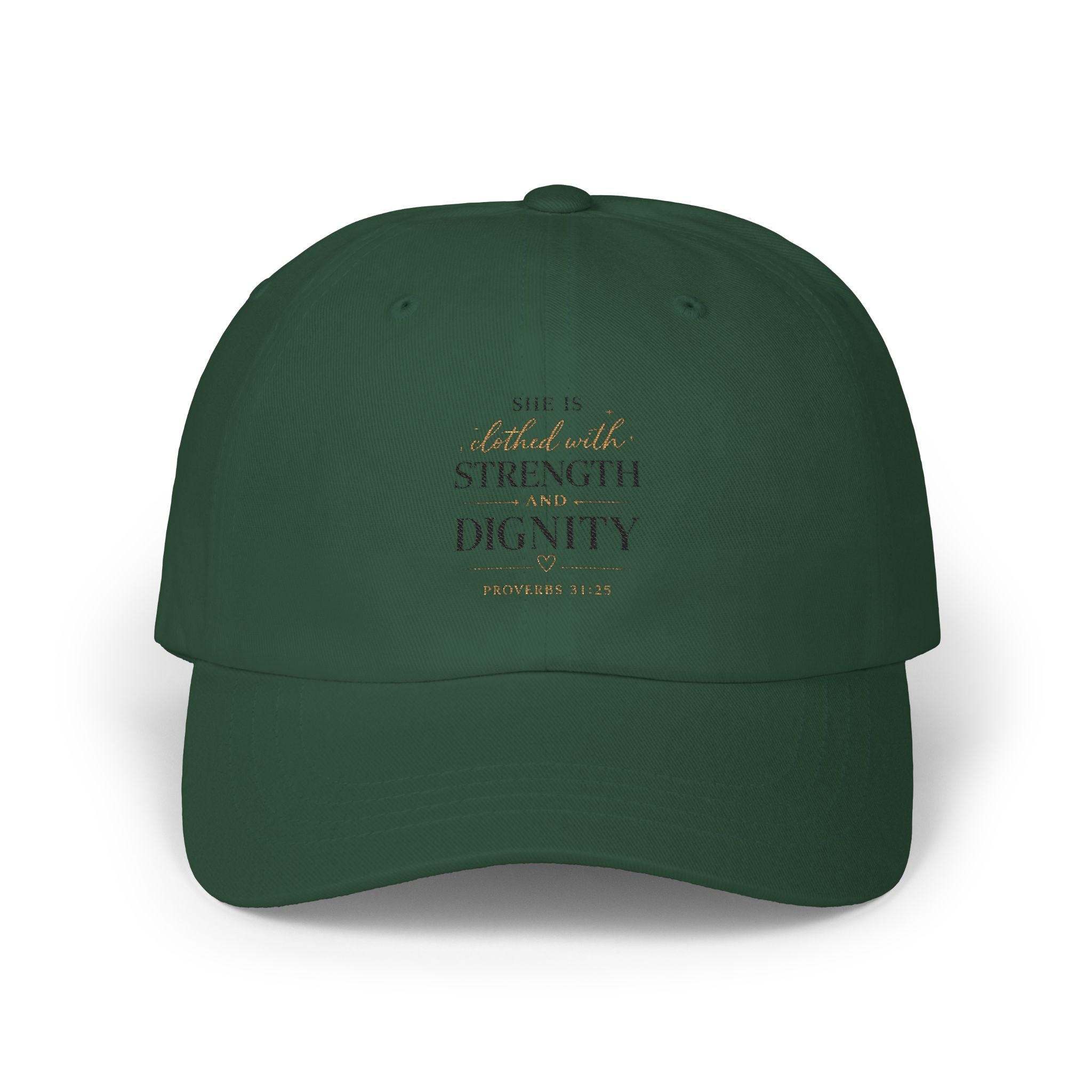 She Is Clothed in Strength and Dignity Dad Cap — Bible Verse Inspirational Hat