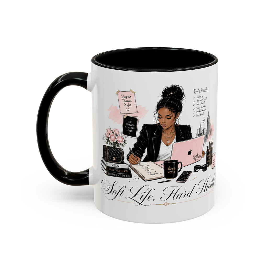 Soft Life, Hard Hustle Accent Coffee Mug – Pink & Black Motivational Office Gift