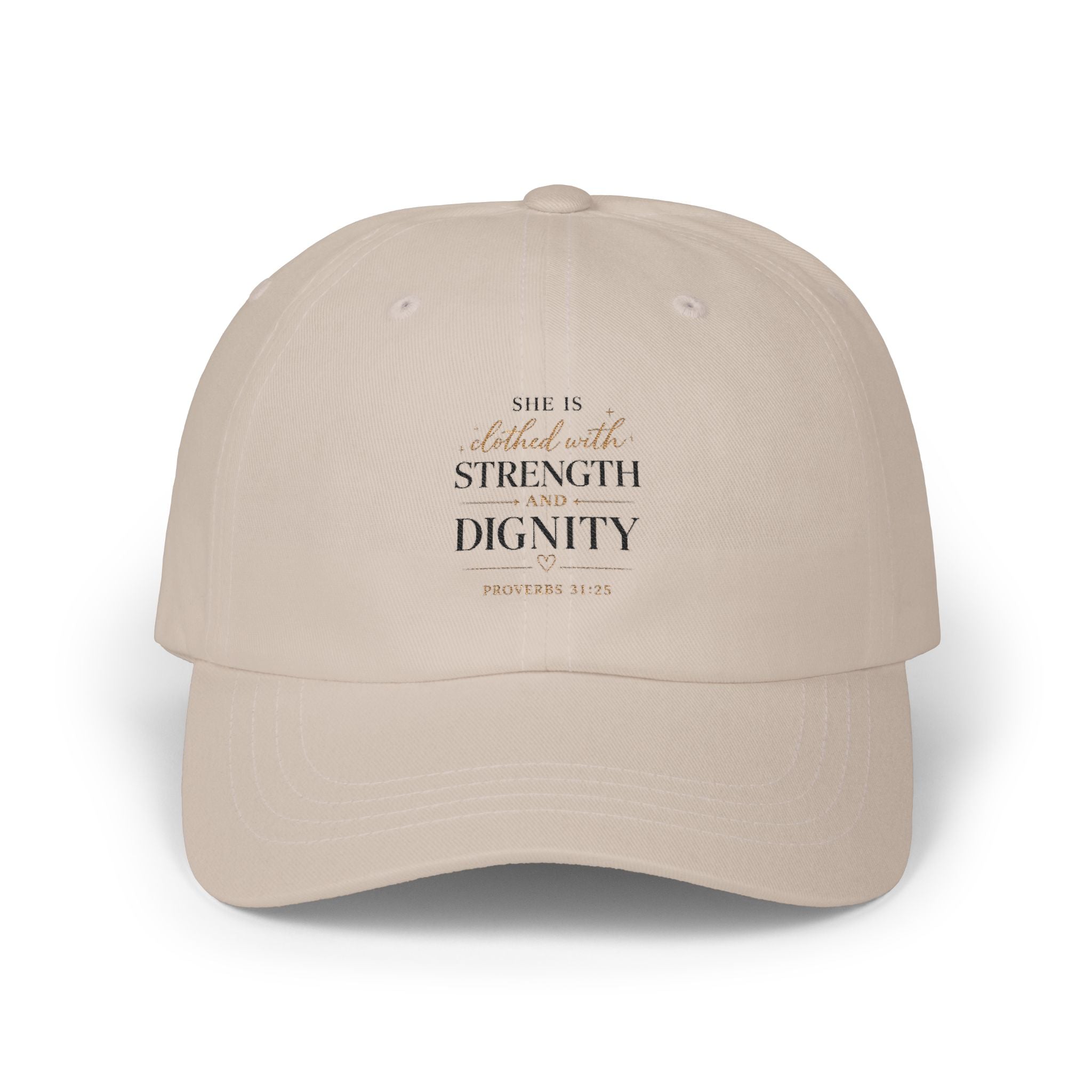 She Is Clothed in Strength and Dignity Dad Cap — Bible Verse Inspirational Hat