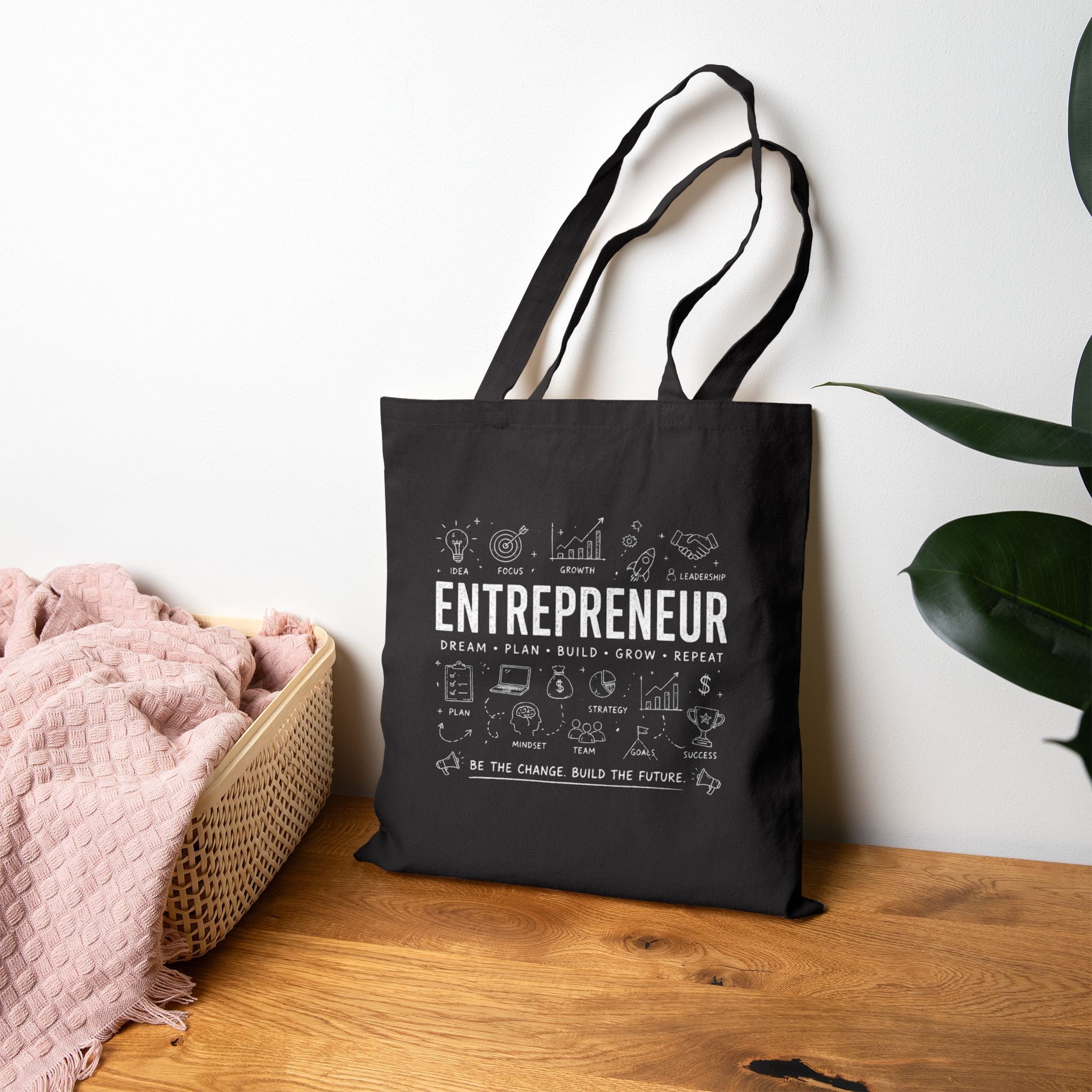 Entrepreneur Canvas Tote Bag — Motivational Business Icons "Dream Plan Build Grow Repeat"