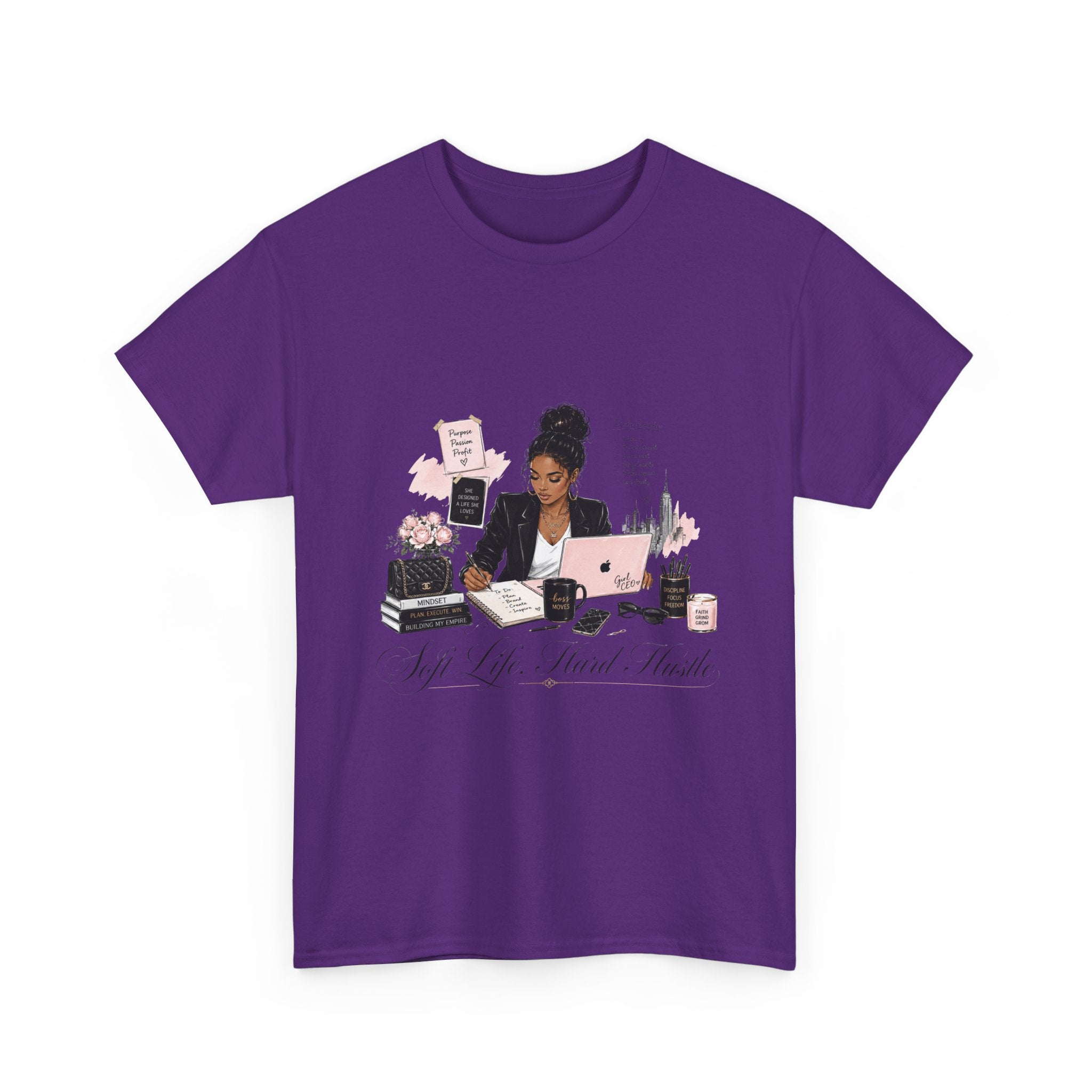 T-Shirt — Girl Boss Desk Art Tee (Soft Pink "Life. Less. Hustle" Design)