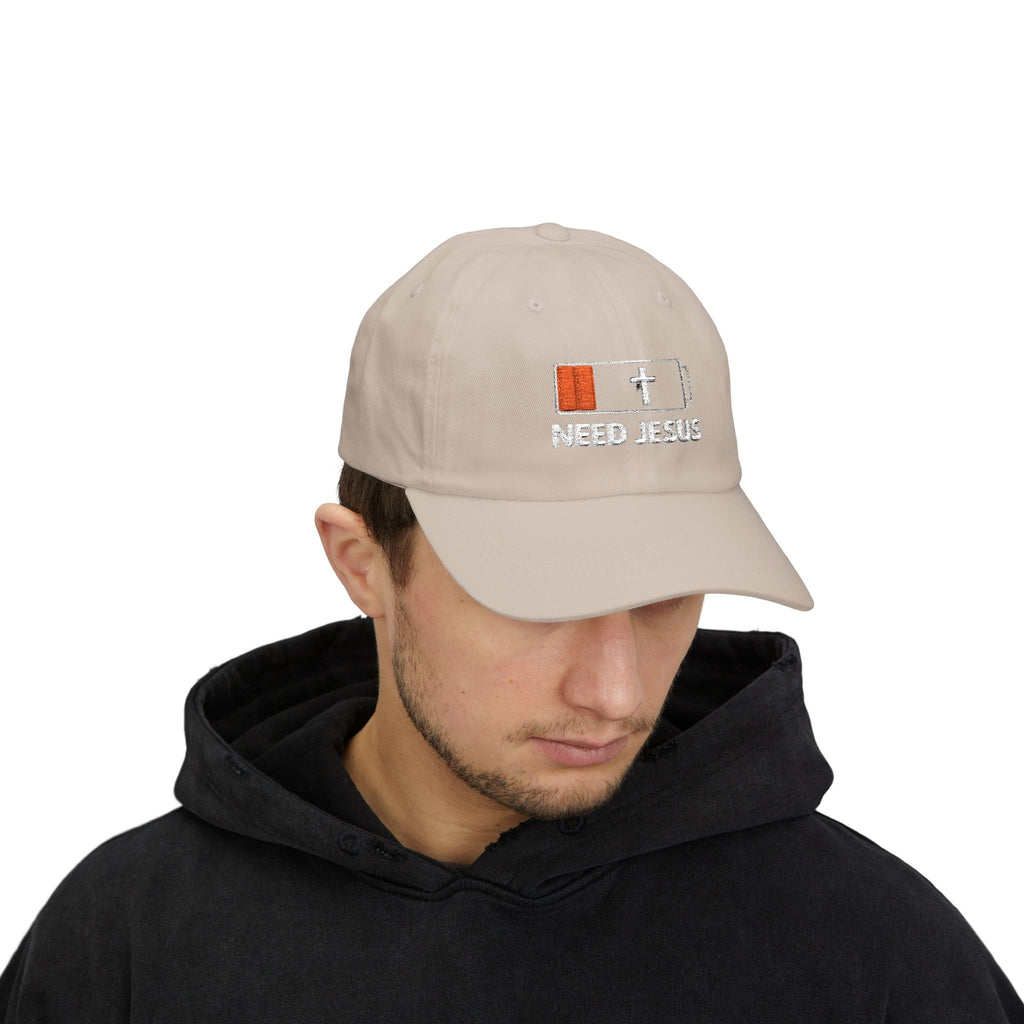 Dad Cap — Low Battery Cross 'Need Jesus' Embroidered Christian Hat