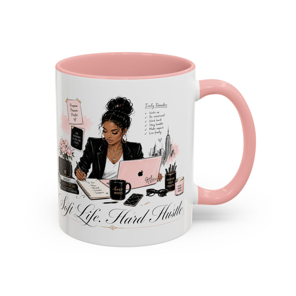 Soft Life, Hard Hustle Accent Coffee Mug – Pink & Black Motivational Office Gift