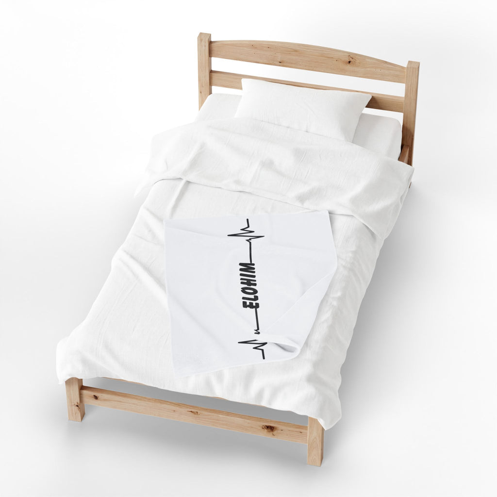 Velveteen Plush Blanket — Minimal 'ELOHIM' Heartbeat Design, Soft Cozy Throw for Home & Gift
