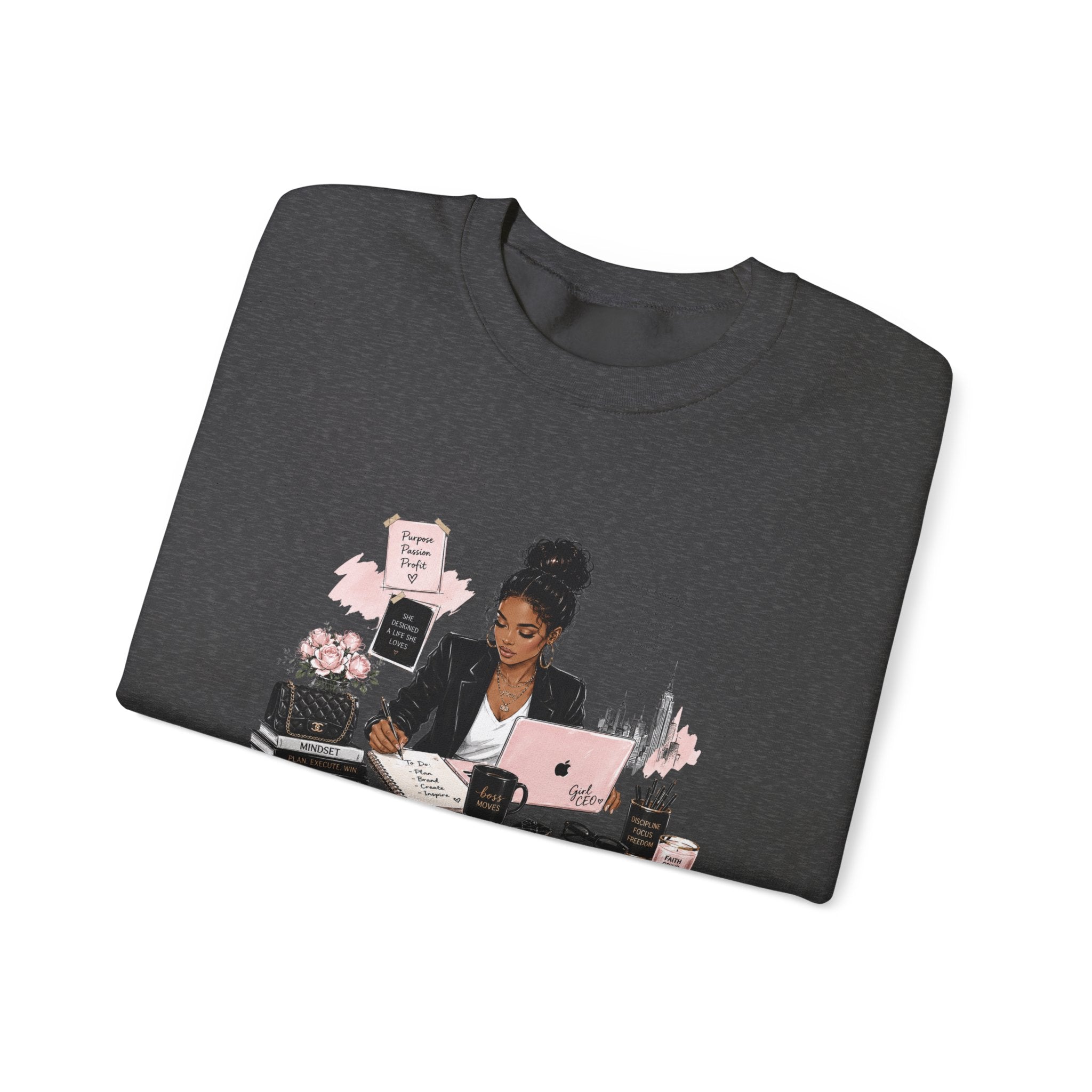 Crewneck Sweatshirt — Girl Boss Desk Illustration (“My Life, Mental Health”)