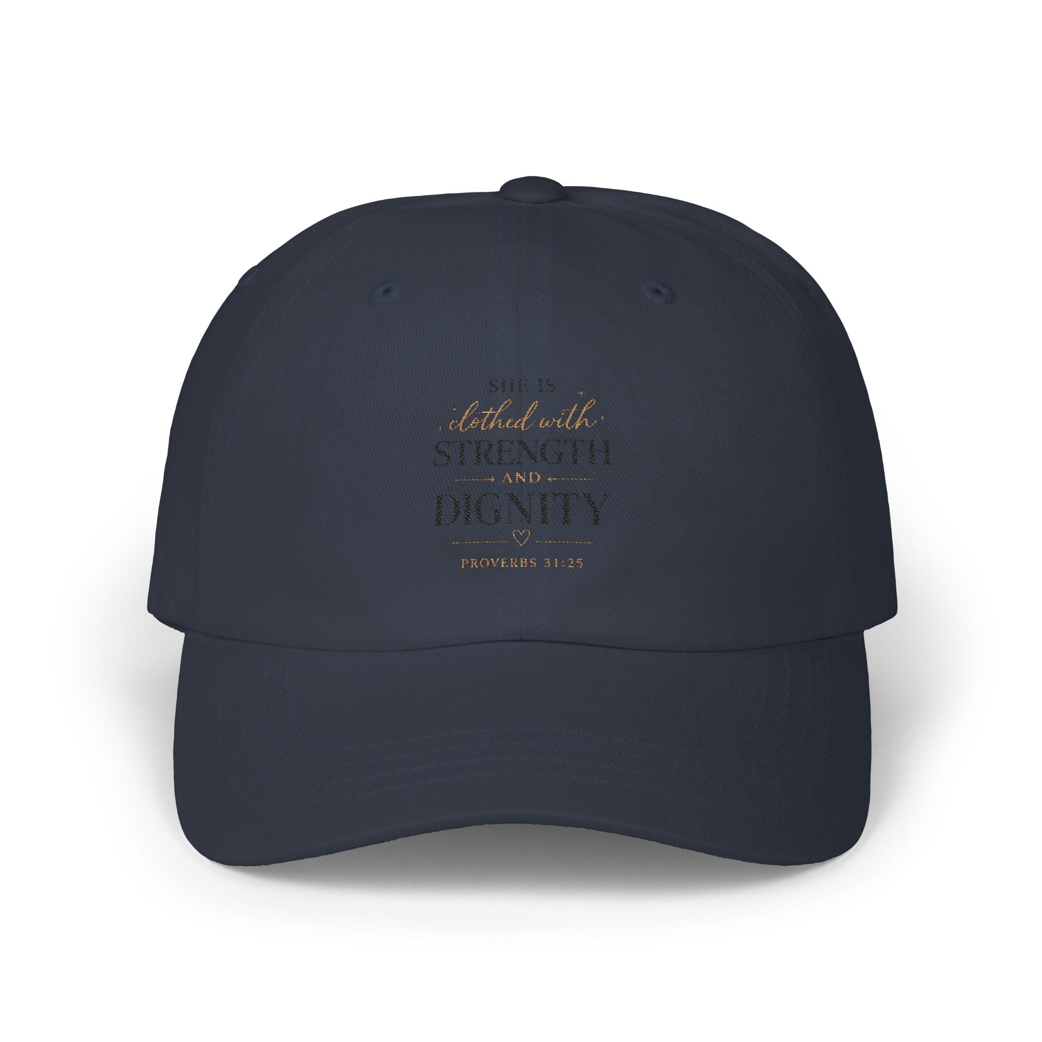 She Is Clothed in Strength and Dignity Dad Cap — Bible Verse Inspirational Hat